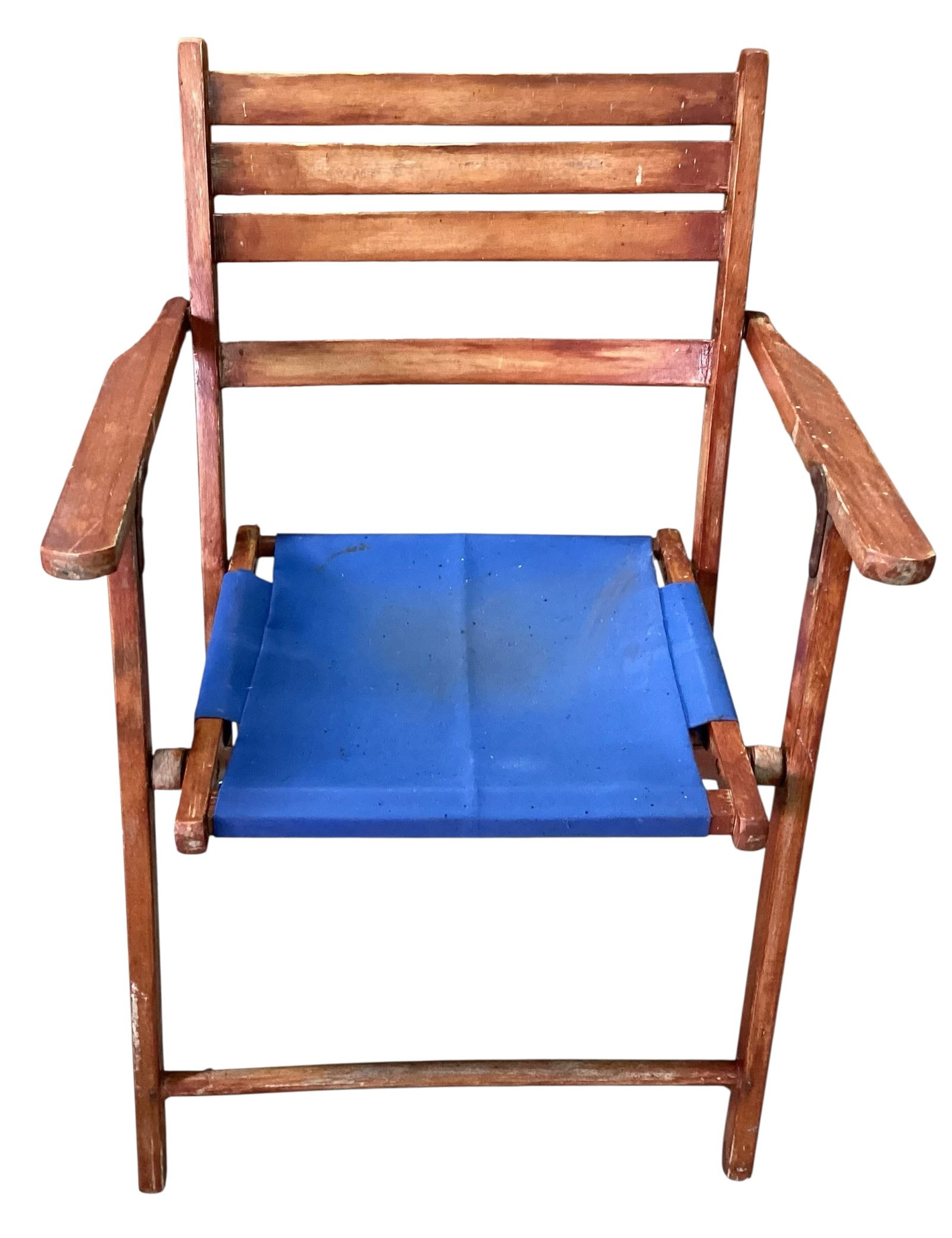SS Keewatin Deck Chair: Deck Chair from the SS Keewatin. Frame is solid and has a spring-loaded mechanism that is functional. Finish is worn with flecks of deck paint and dirt present. Upholstery is not original. The SS Keew