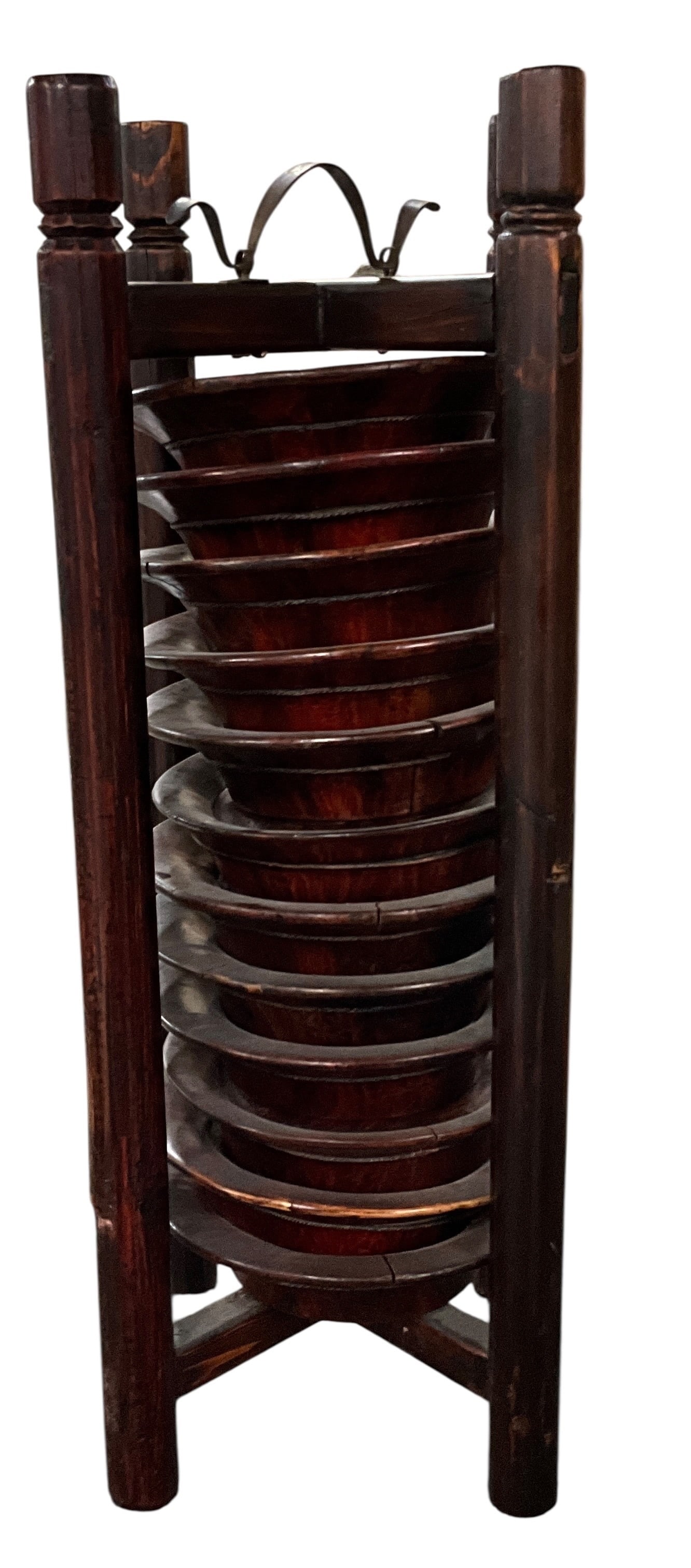 Asian Red Lacquered Tiered Food or Sewing Carrier: Decorative Asian red lacquered tiered carrier featuring octagonal stacked compartments, floral and bird decoration, and fitted carrying handle. Likely intended for food, sewing, or storage use.