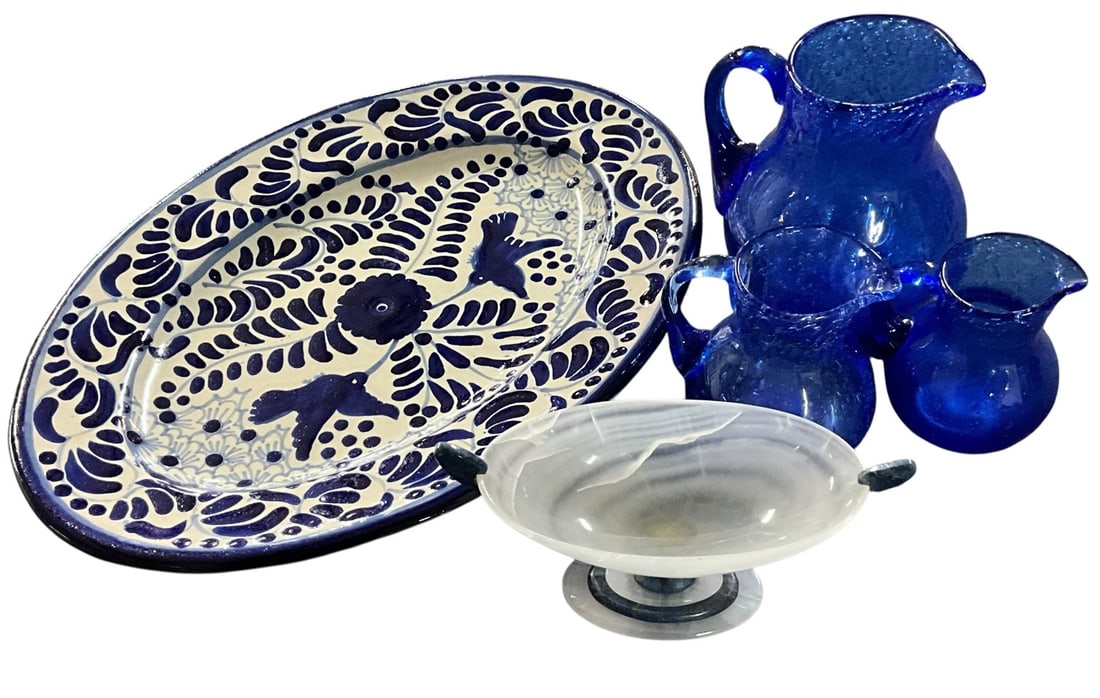 Mexican Talavera Platter, Alabaster Compote & Cobalt Glass Pitchers (1 of 7)