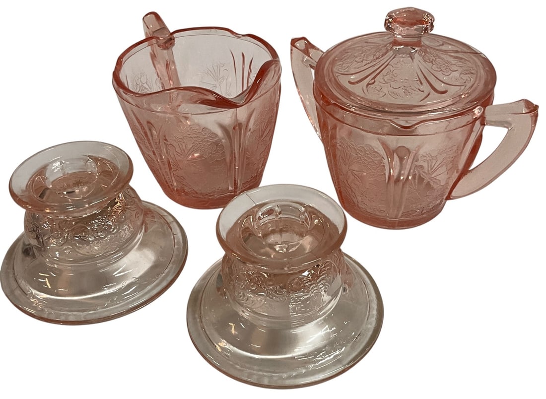 Pink Depression Glass Cream & Sugar Set with Candlesticks (1 of 3)