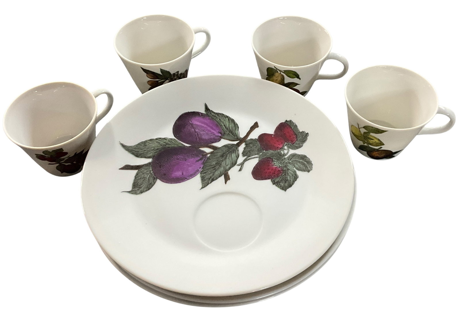 Porcelain Luncheon Set with Fruit Decoration: Decorative porcelain luncheon set featuring four cups with matching luncheon plates, each decorated with colorful fruit motifs including grapes, pears, citrus, strawberries, and plums. Elegant