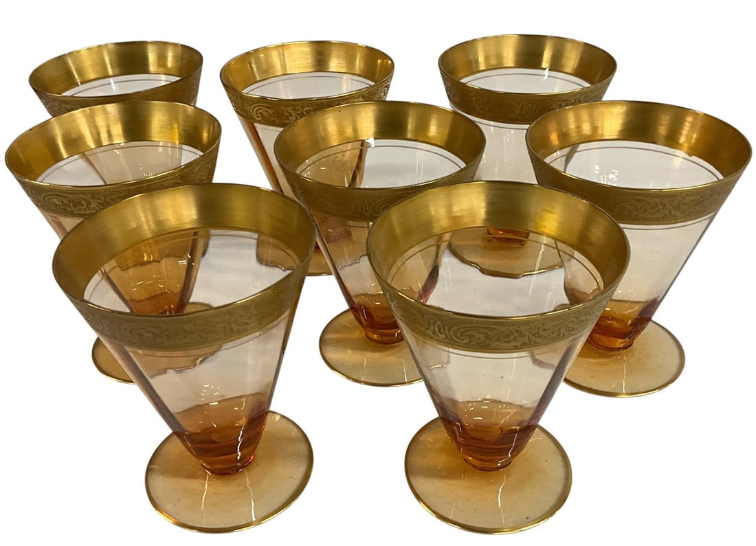 Set of Eight Amber Glass Stemware Goblets with Gold Decoration (1 of 4)