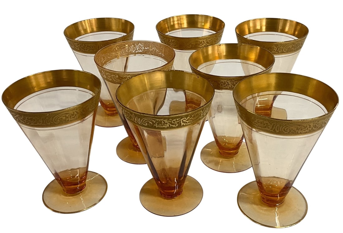 Set of Eight Amber Glass Goblets with Gold Encrusted Decoration (1 of 4)
