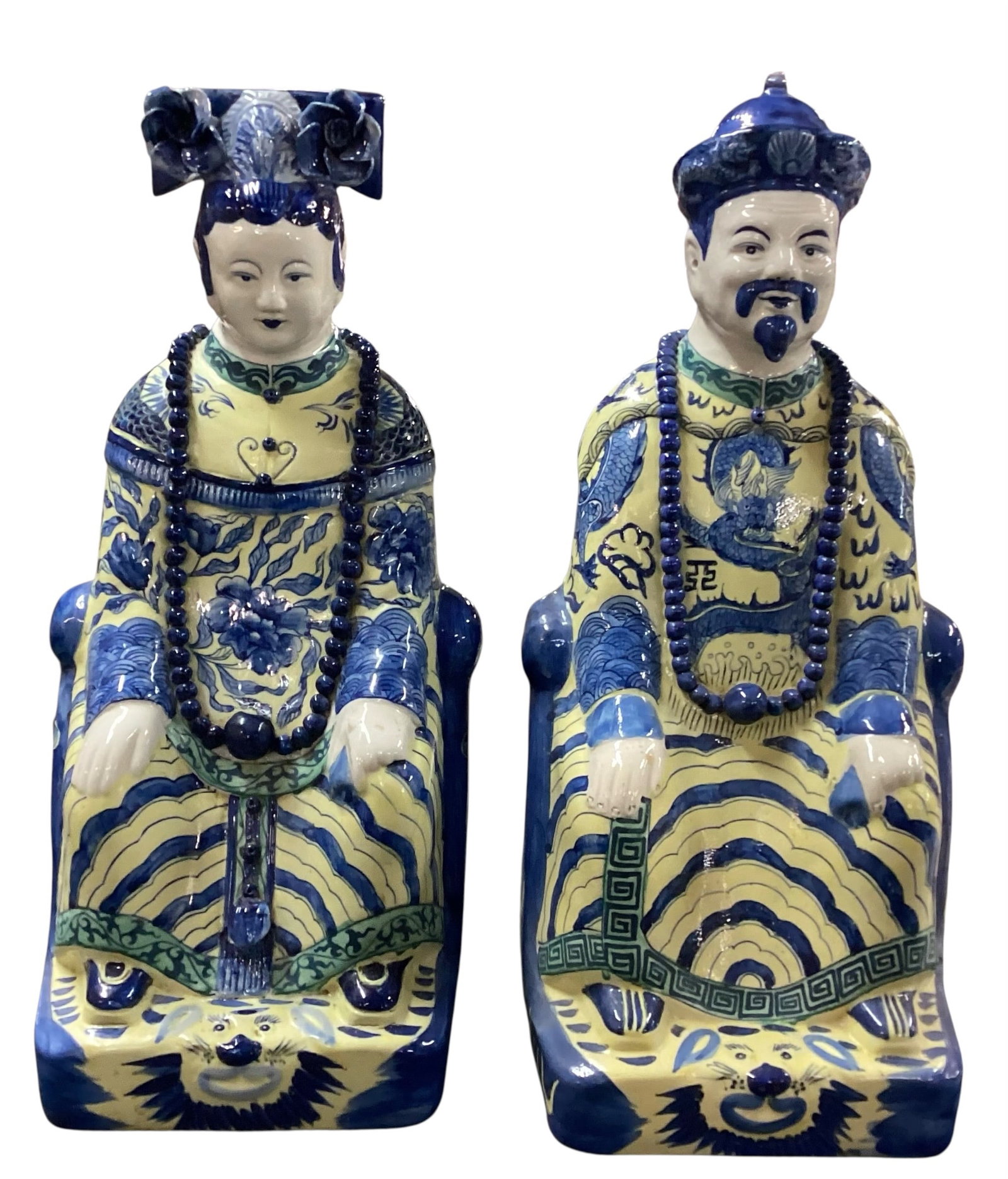 Pair of Blue & White Chinese-Style Ceramic Emperor and Empress Figures (1 of 6)