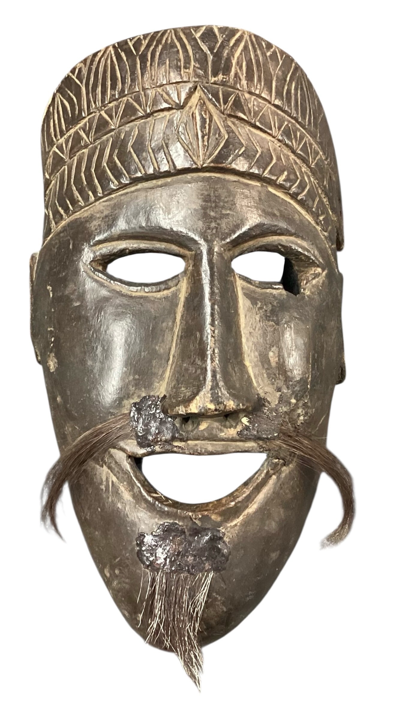 Hand-Carved Asian Style Wooden Mask with Horsehair Mustache (1 of 4)