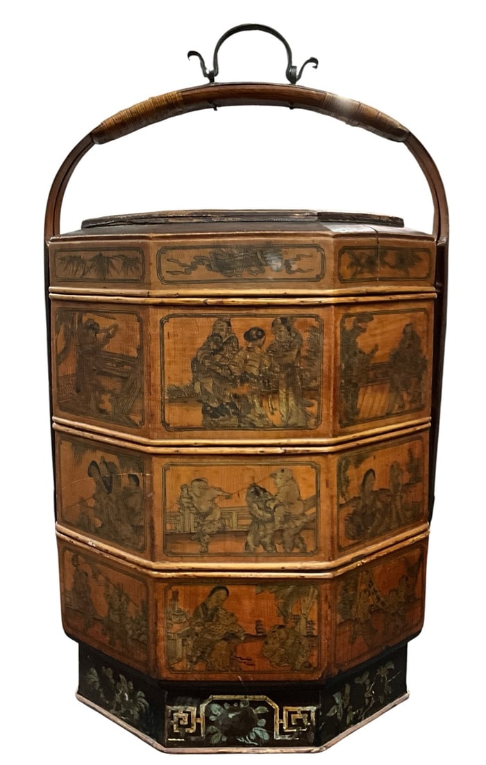Antique Chinese Tiered Wedding Basket / Food Carrier: Antique Chinese stacked wedding basket or food carrier featuring an octagonal form with bentwood swing handle and hand-painted figural panels throughout. Constructed in multiple fitted tiers with remo
