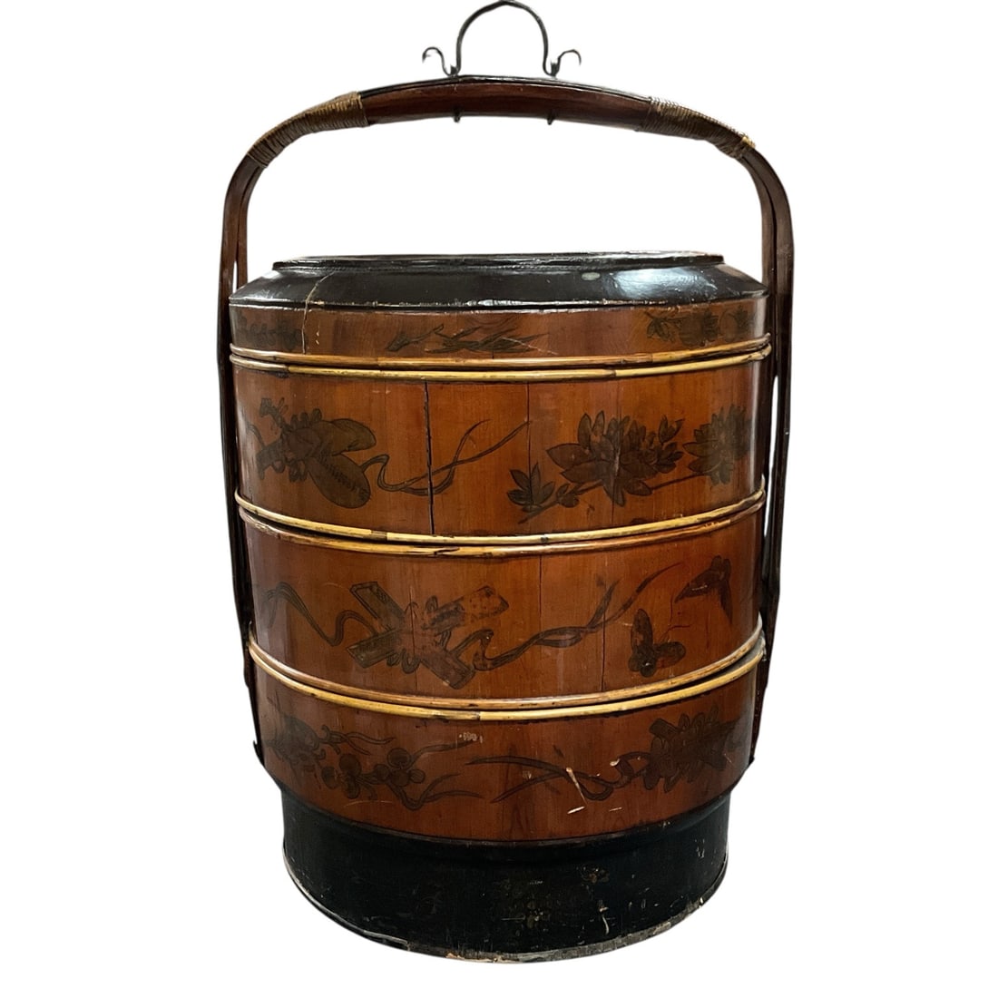 Antique Chinese Tiered Wedding Basket / Food Carrier: Antique Chinese stacked wedding basket or food carrier constructed of bentwood with lacquered finish and hand-painted floral and figural decoration throughout. Features a tall swing handle with