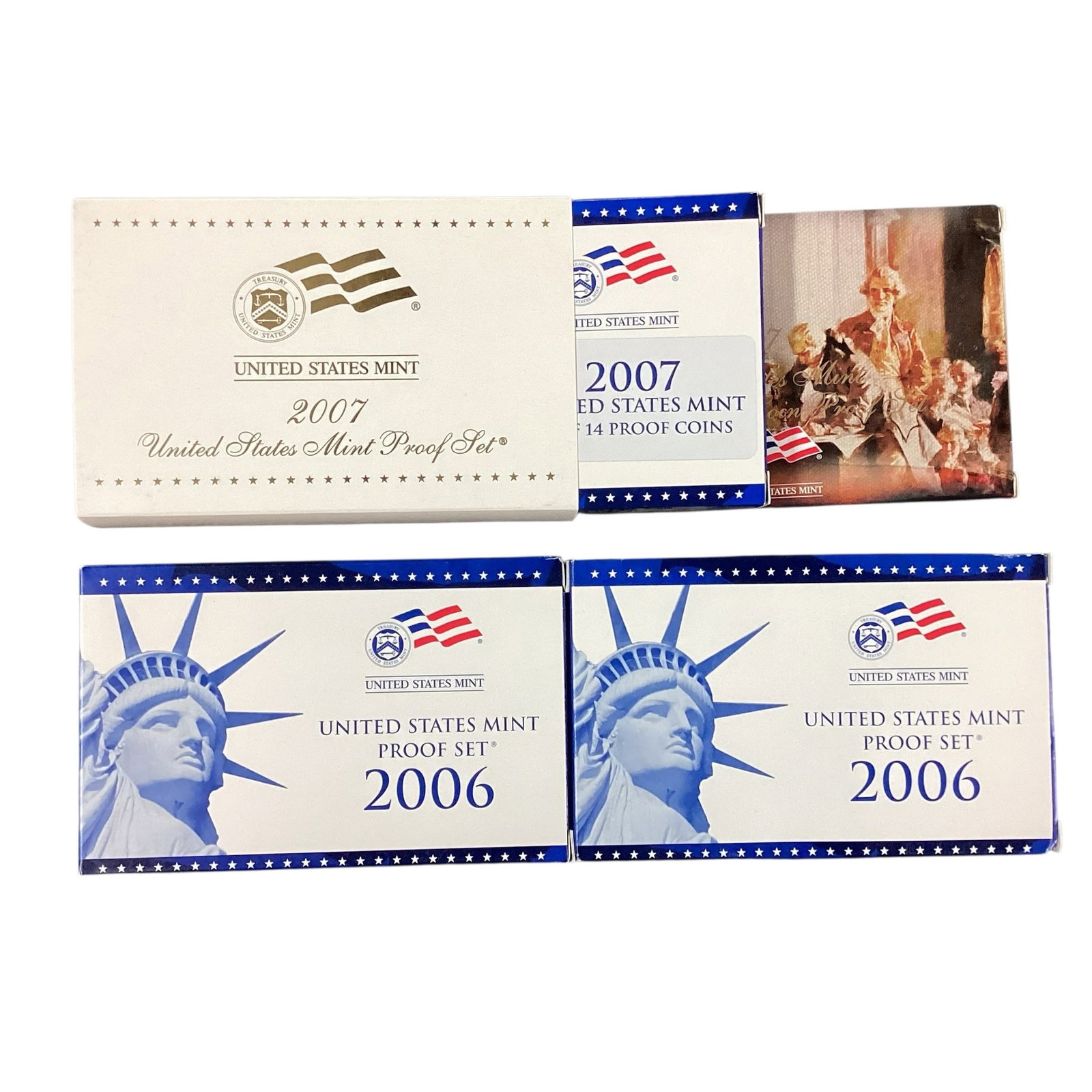United States Mint Proof Sets & Presidential $1 Coin Proof Set, 2006-2007: Collection of official United States Mint proof issues including two 2006 United States Mint Proof Sets, one 2007 United States Mint Proof Set, and one 2007 United States Mint Presidential $1 Coin Pro