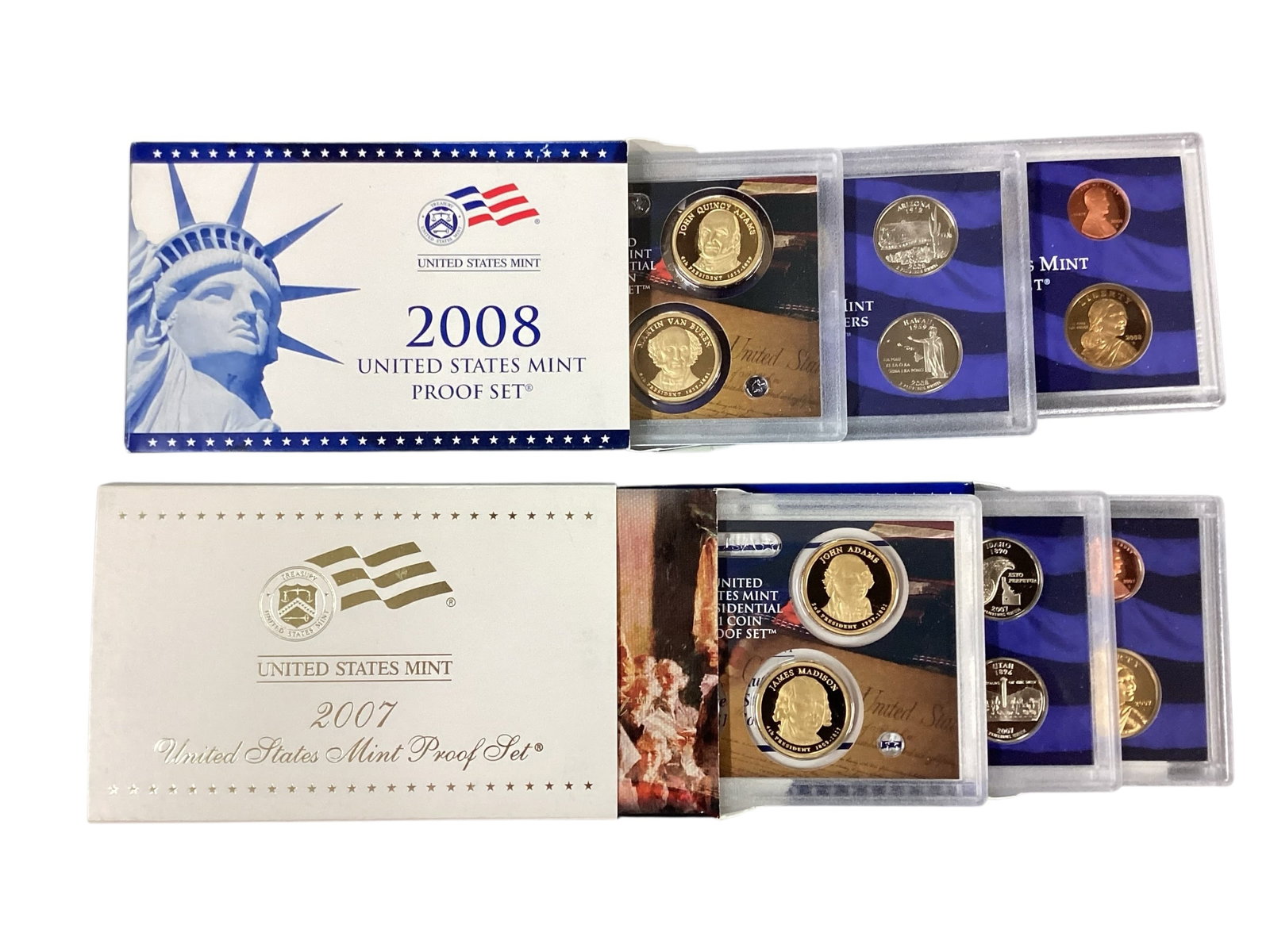 United States Mint Proof Sets & Presidential Coin Proof Sets, 2007-2008: Collection of official United States Mint proof issues including one 2008 United States Mint Proof Set and one 2007 United States Mint Proof Set with accompanying Presidential $1 Coin Proof Sets. Incl