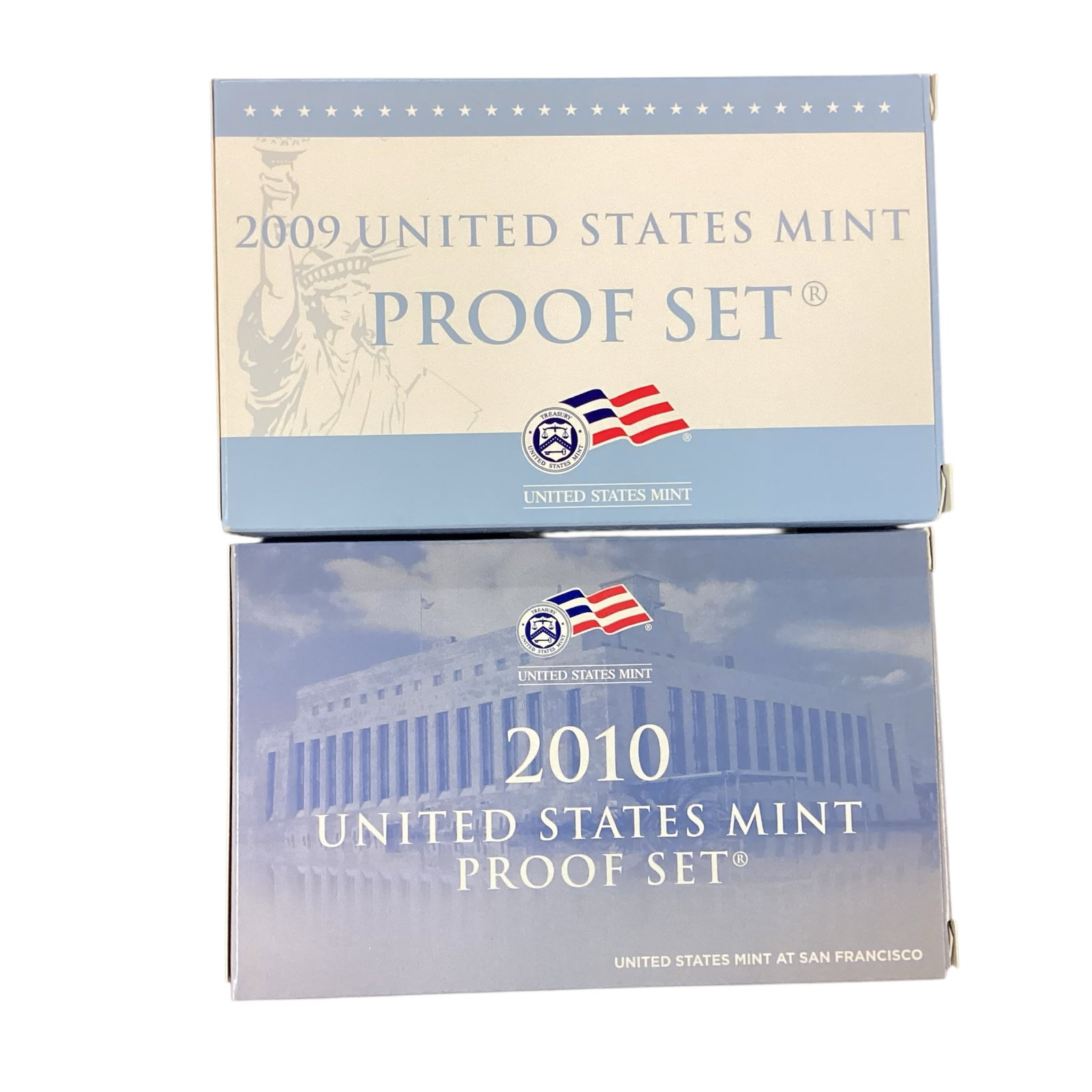 United States Mint Proof Sets & Presidential Dollar Proof Sets, 2009-2010: Collection of official United States Mint proof issues including one 2009 United States Mint Proof Set and one 2010 United States Mint Proof Set with original government packaging and protective mint 