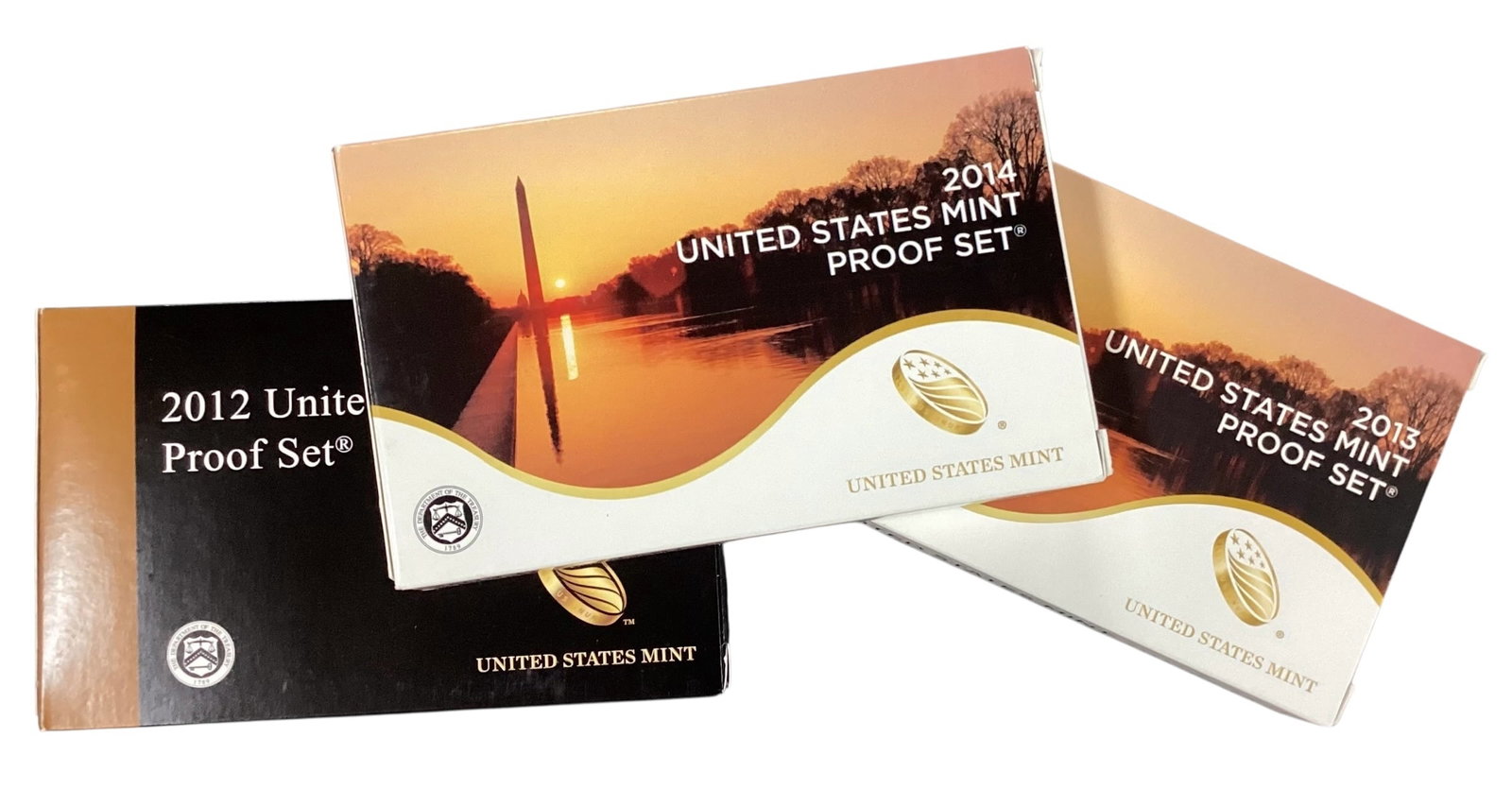 Three United States Mint Proof Sets, 2012-2014: Collection of three official United States Mint Proof Sets including 2012, 2013, and 2014 issues in original government packaging with protective mint cases. Sets include Presidential $1 proof coins f