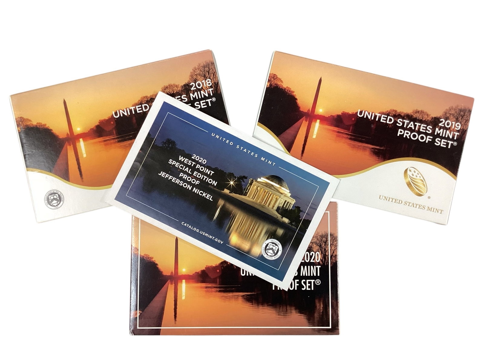 Three United States Mint Proof Sets with West Point Special Edition Coins, 2018-2020: Collection of three official United States Mint Proof Sets including 2018, 2019, and 2020 issues in original government packaging with mint display cases. Sets include proof Presidential and Native Am