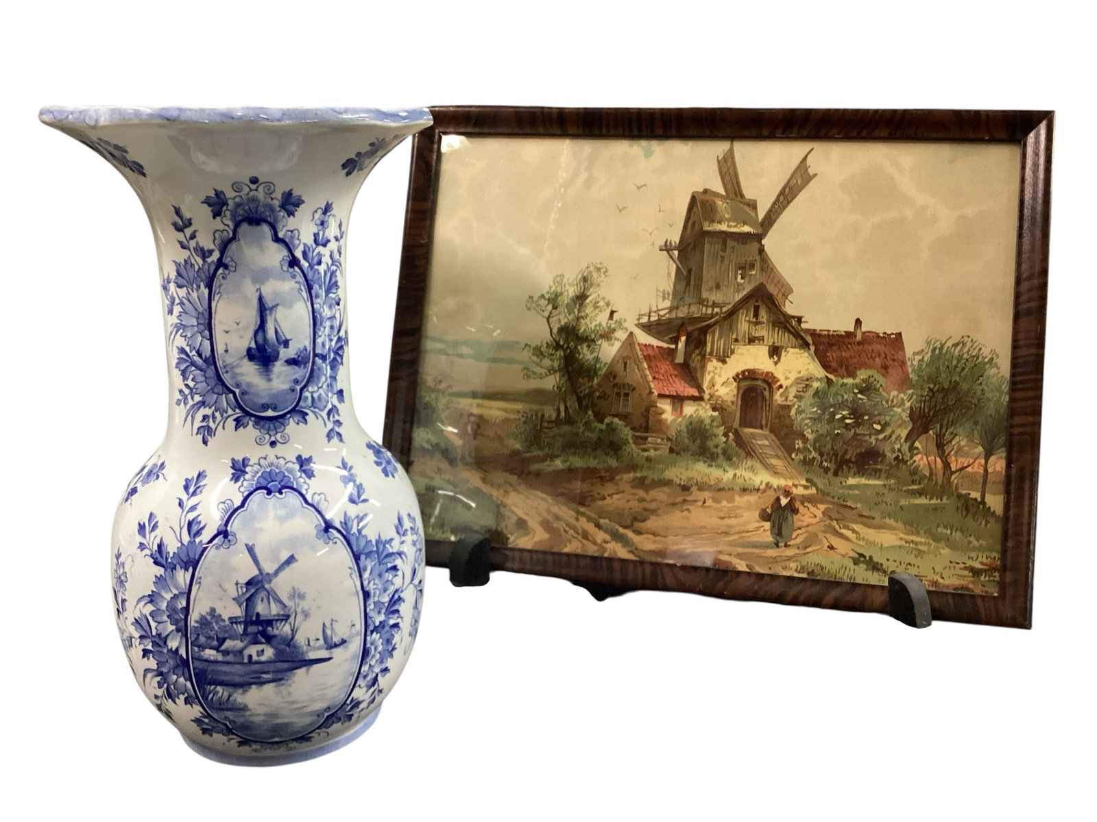 Delft Style Blue & White Ceramic Vase with Framed Windmill Print (1 of 8)