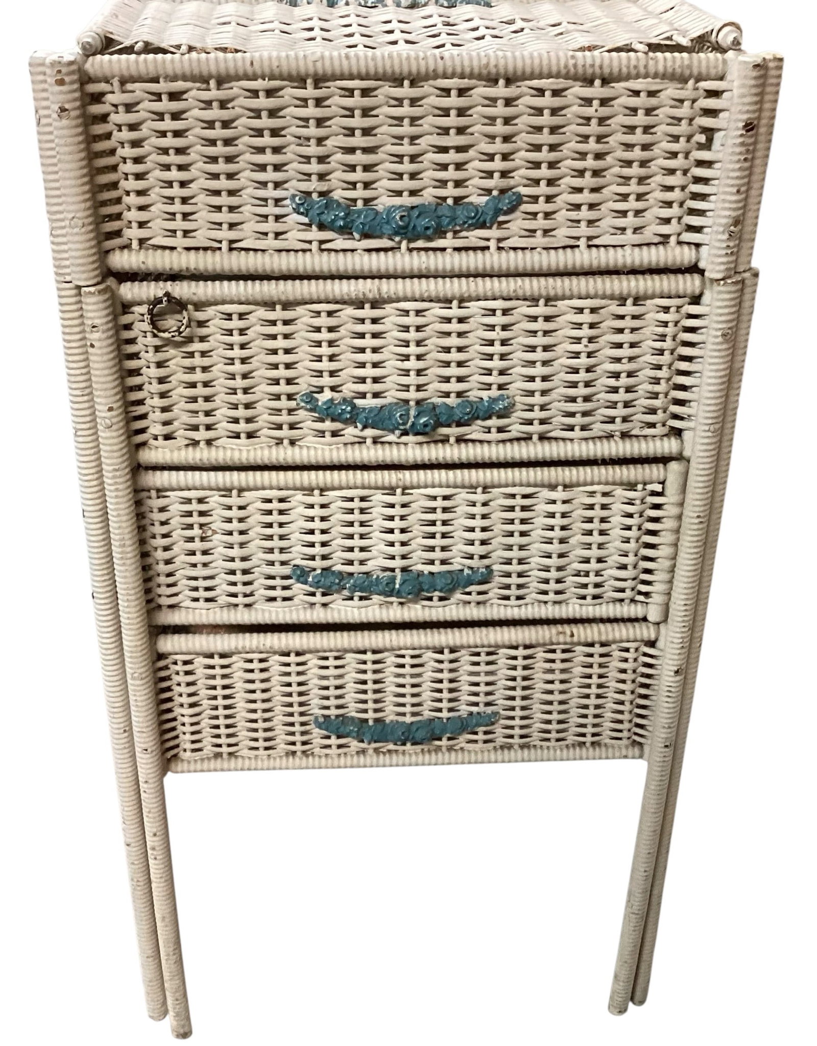 Vintage White Wicker Sewing Cabinet / Storage Stand with Drawers: Charming vintage white-painted wicker cabinet featuring four pull-out drawers and dual hinged top compartments for sewing, craft, or vanity storage. Accented with decorative blue floral metal pulls an