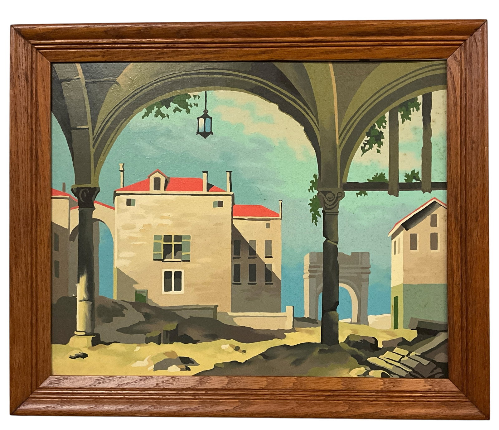 Architectural Courtyard Scene Painting: Bid with confidence- we now offer economical in-house shipping! Just select “Self-Arranged Shipping” on your invoice, and we will handle packing and shipping for you! Decorative architectural 
