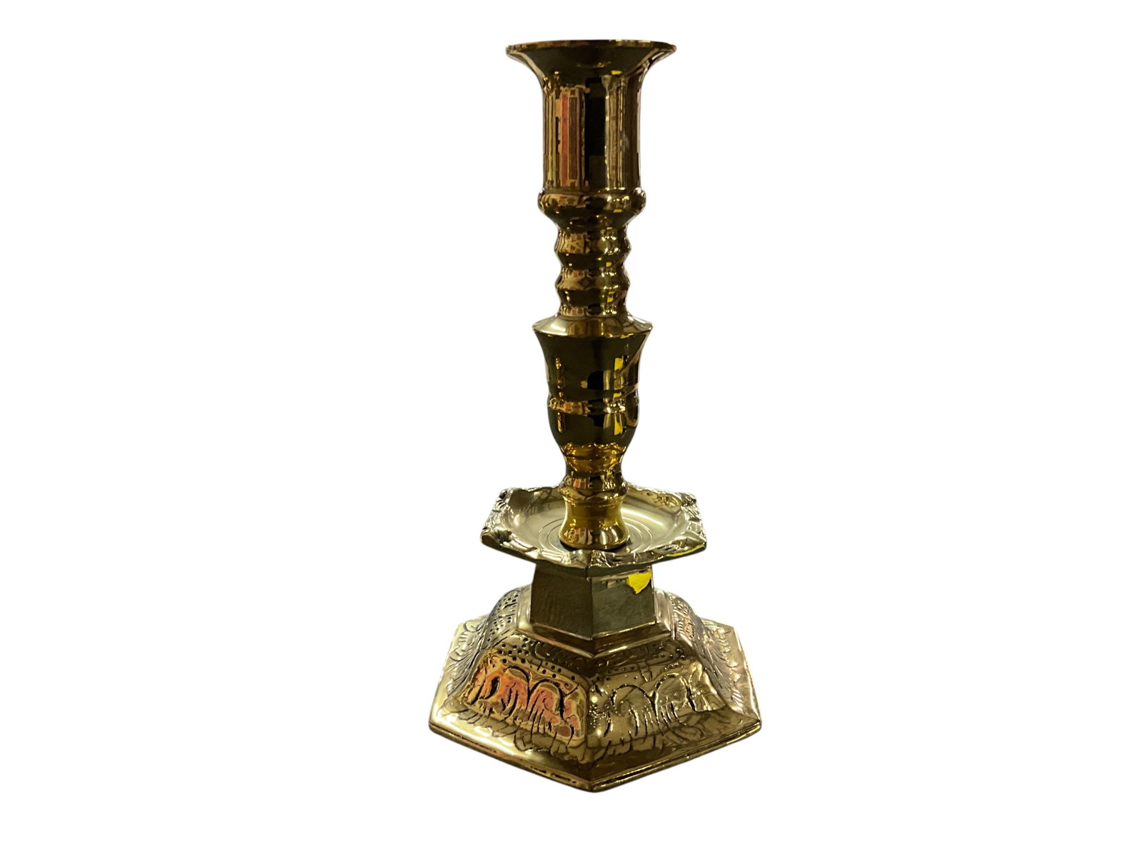 Set of Five Solid Brass Candlesticks with Engraved Hexagonal Bases - 2