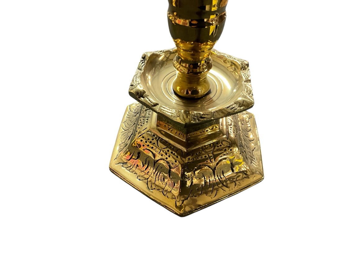 Set of Five Solid Brass Candlesticks with Engraved Hexagonal Bases - 3