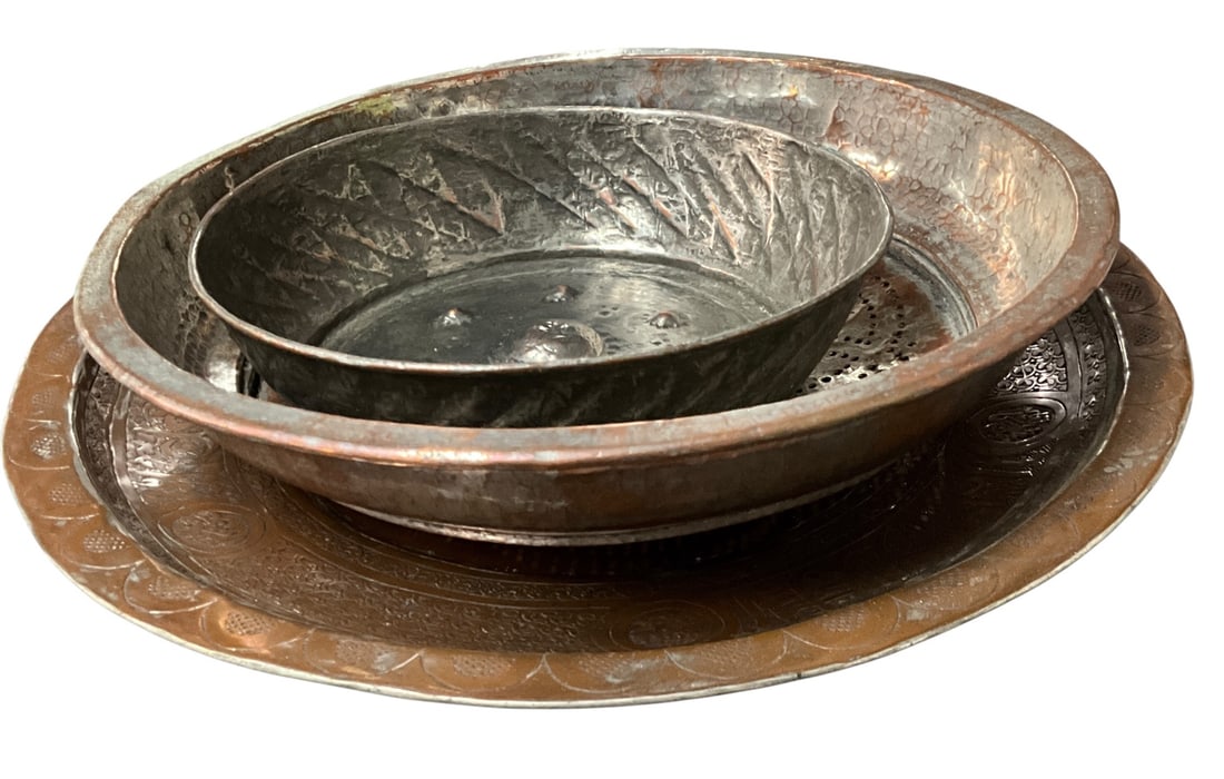 Group of Hand-Hammered Copper Trays, Basin, Colander, and Bowl