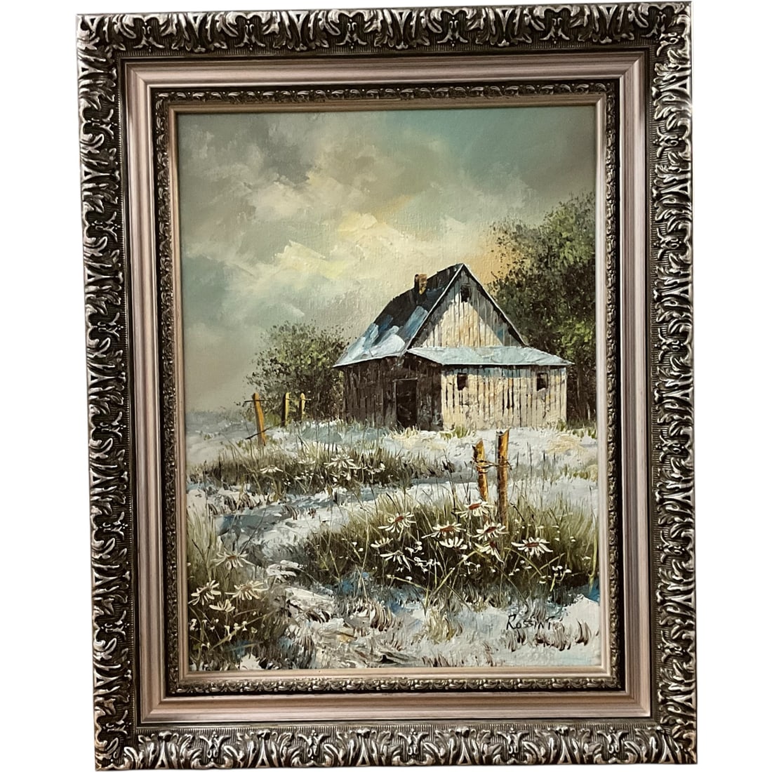 Signed Rossini Original Oil Painting of Snow-Covered Farmstead: Bid with confidence, we now offer economical in-house shipping! Just select self-arranged shipping during checkout and we will handle packing and shipping for you. A signed original oil painting