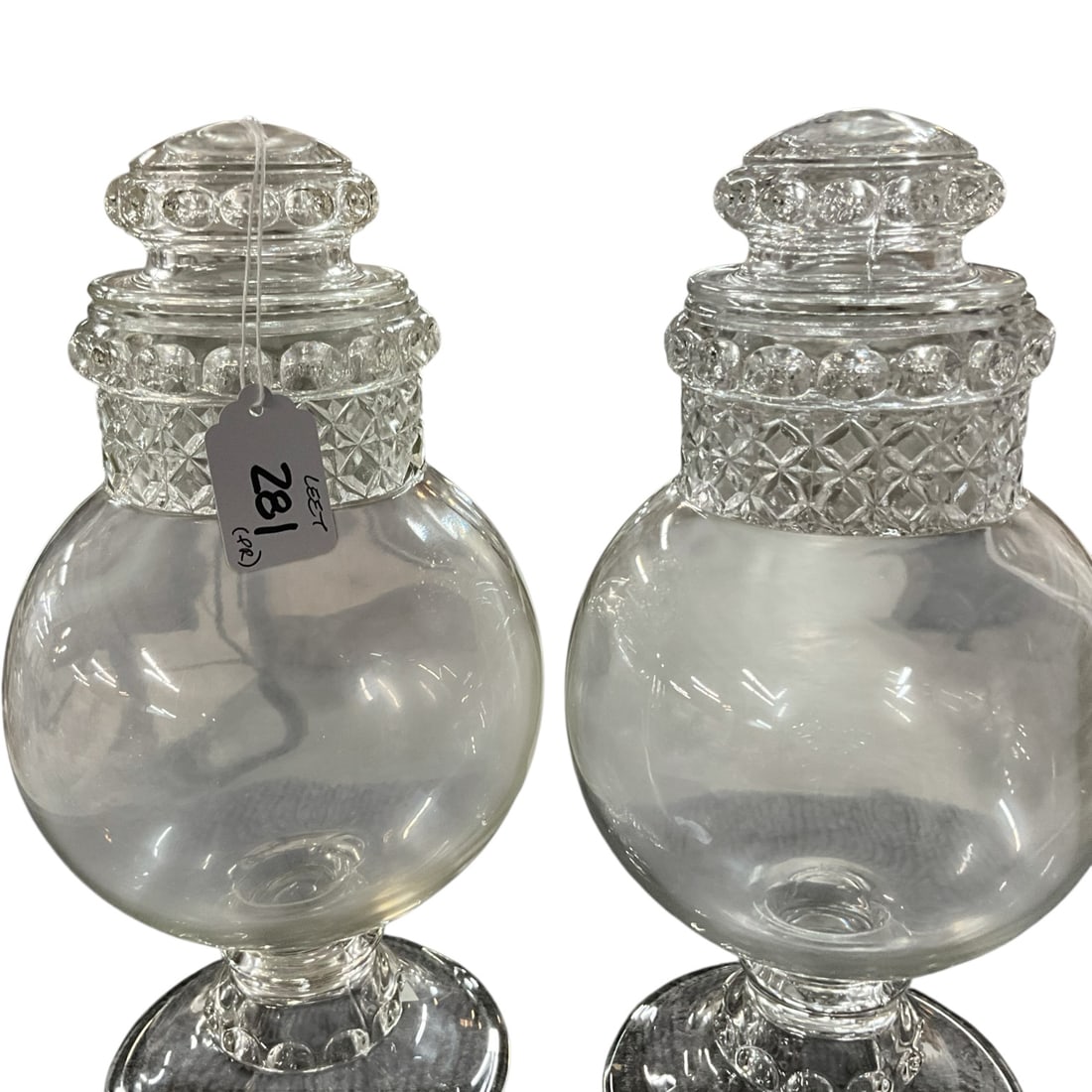 Pair of Pressed Glass Covered Apothecary Jars in Kings Crown Thumbprint Pattern