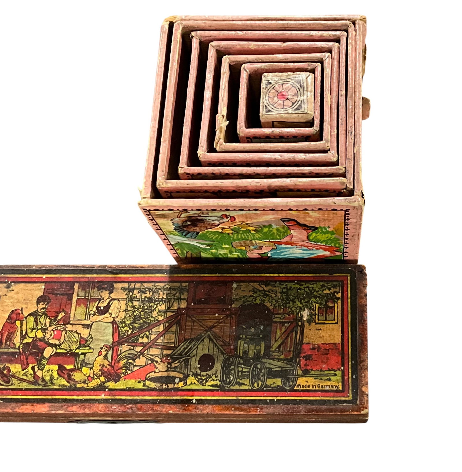 German Painted Nesting Blocks & Wood Pencil Box