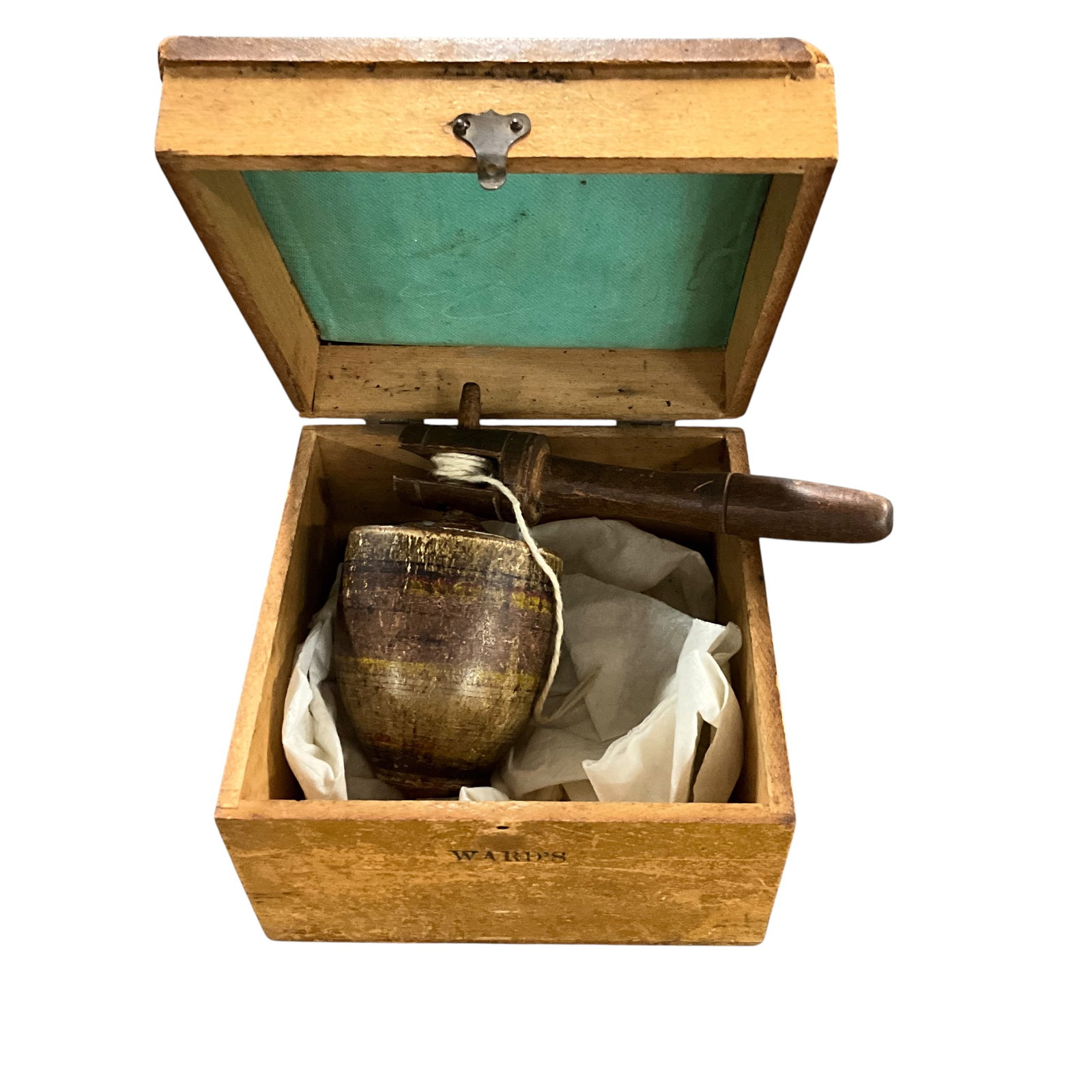 Painted Wooden Whipping Top in Ward's Box: Bid with confidence, we now offer economical in-house shipping! Just select self-arranged shipping during checkout and we will handle packing and shipping for you.A vintage painted wooden whipping top