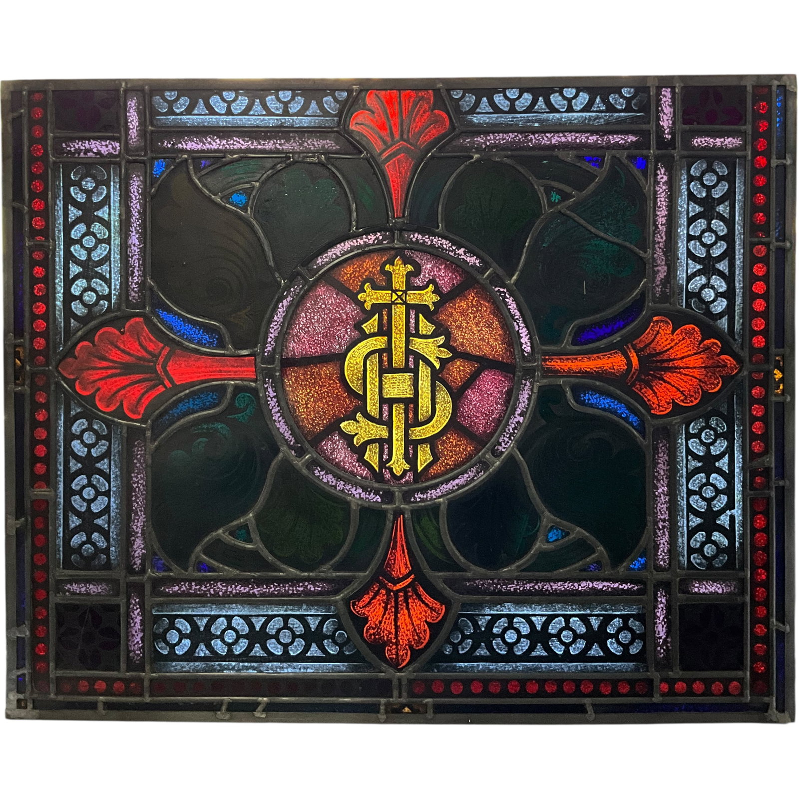 Leaded Stained Glass IHS Ecclesiastical Panel: Bid with confidence, we now offer economical in-house shipping! Just select self-arranged shipping during checkout and we will handle packing and shipping for you.Leaded stained-glass ecclesiastical