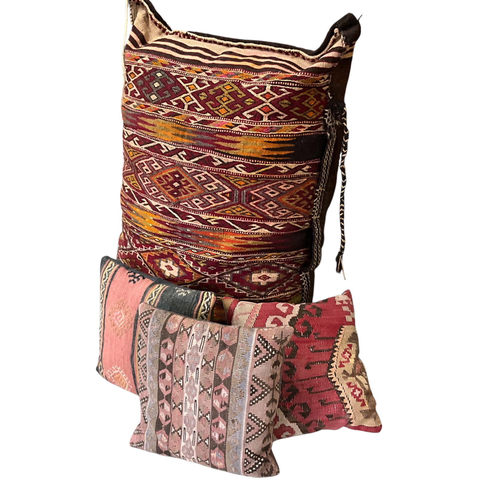 Four Kilim-Style Decorative Pillows: Bid with confidence, we now offer economical in-house shipping! Just select self-arranged shipping during checkout and we will handle packing and shipping for you.Group of four kilim-style decorative