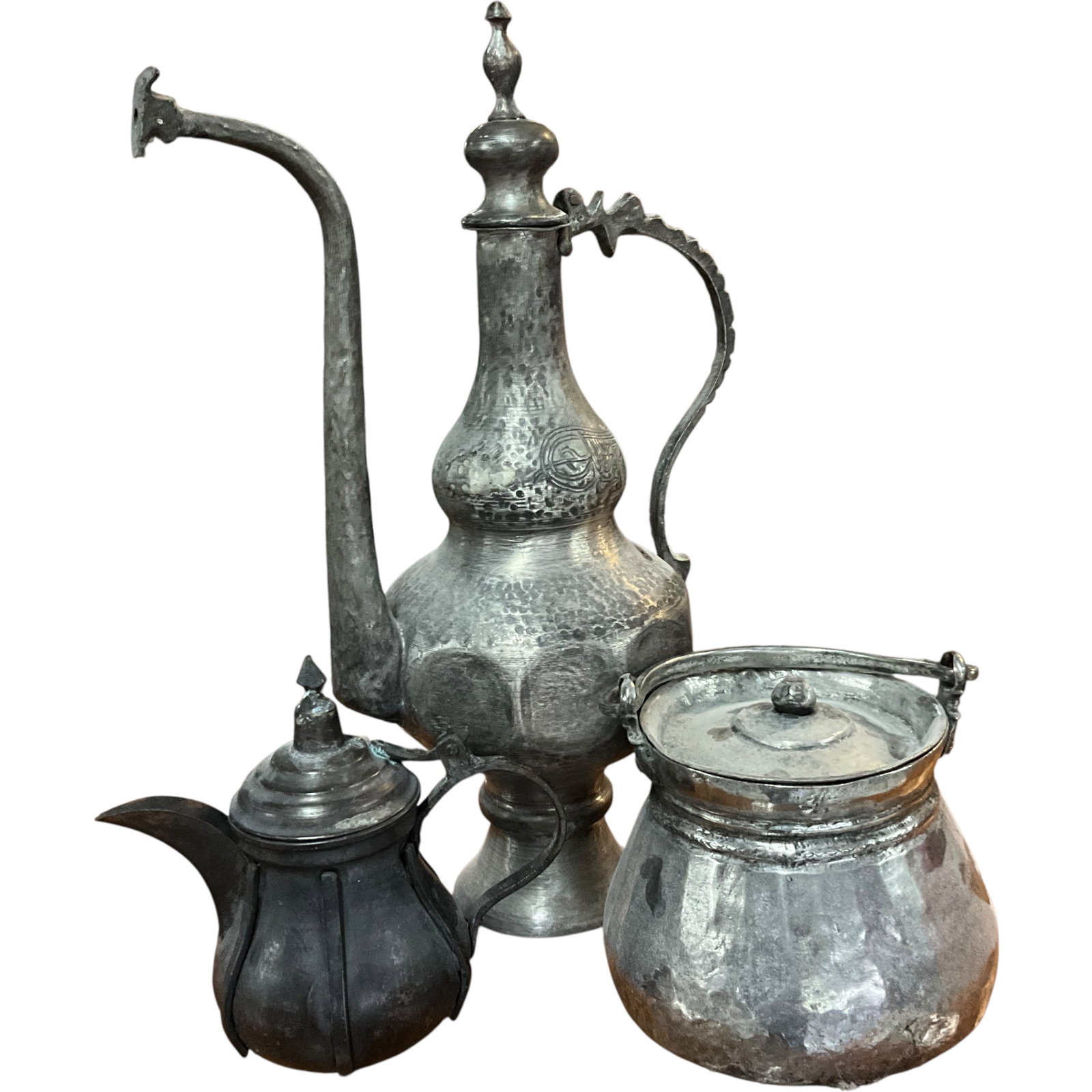 Three-Piece Middle Eastern Tinned Metalware Lot: Bid with confidence, we now offer economical in-house shipping! Just select self-arranged shipping during checkout and we will handle packing and shipping for you.Three-piece Middle Eastern-style tinn