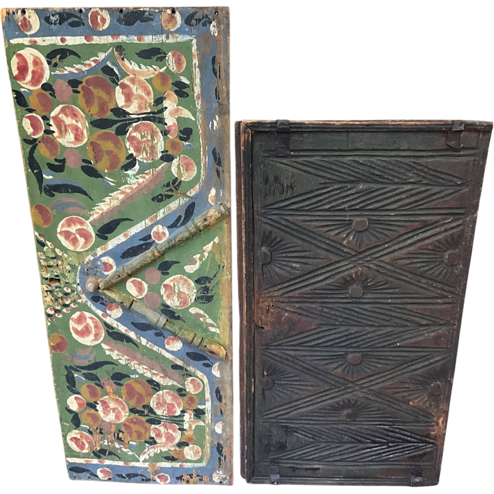 Pair of Painted Carved Wood Door Panels: Bid with confidence, we now offer economical in-house shipping! Just select self-arranged shipping during checkout and we will handle packing and shipping for you.A pair of hand-painted and carved