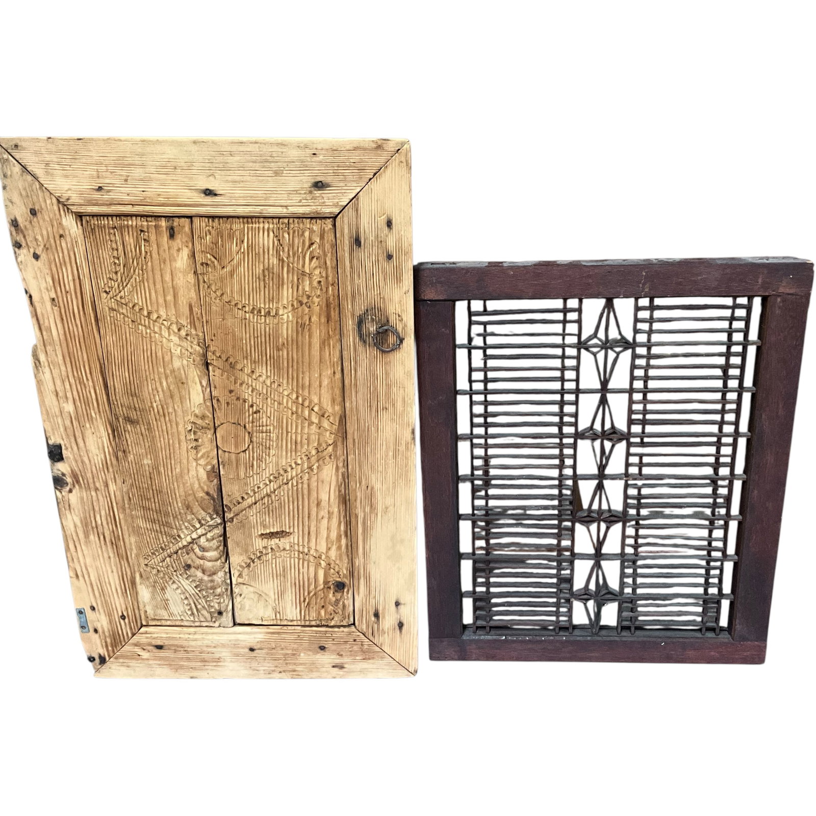 Carved Wood & Bamboo Lattice Wall Cabinet: Bid with confidence, we now offer economical in-house shipping! Just select self-arranged shipping during checkout and we will handle packing and shipping for you.A rustic Asian-style wall cabinet or
