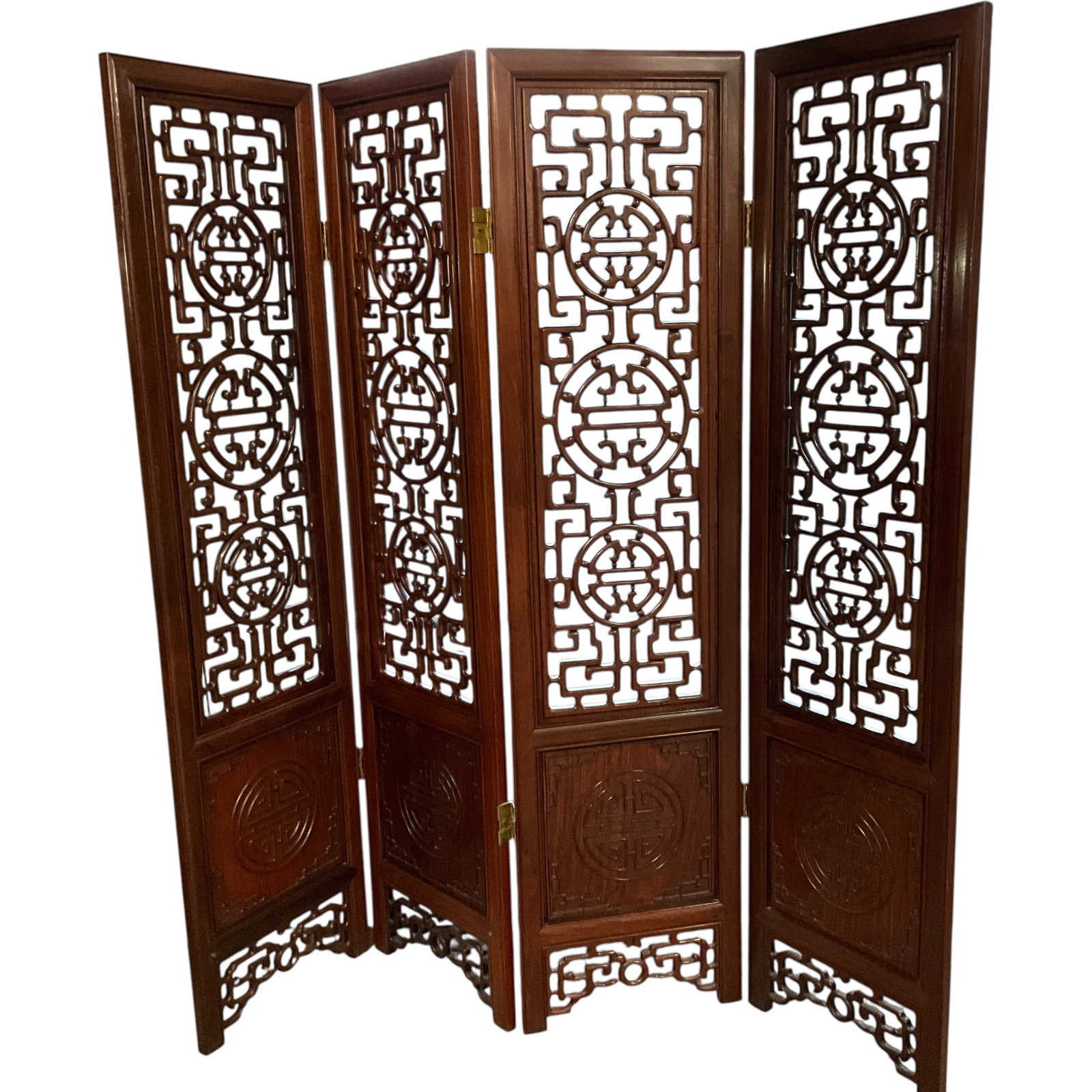 Chinese Hardwood Four-Panel Carved Folding Screen (1 of 4)