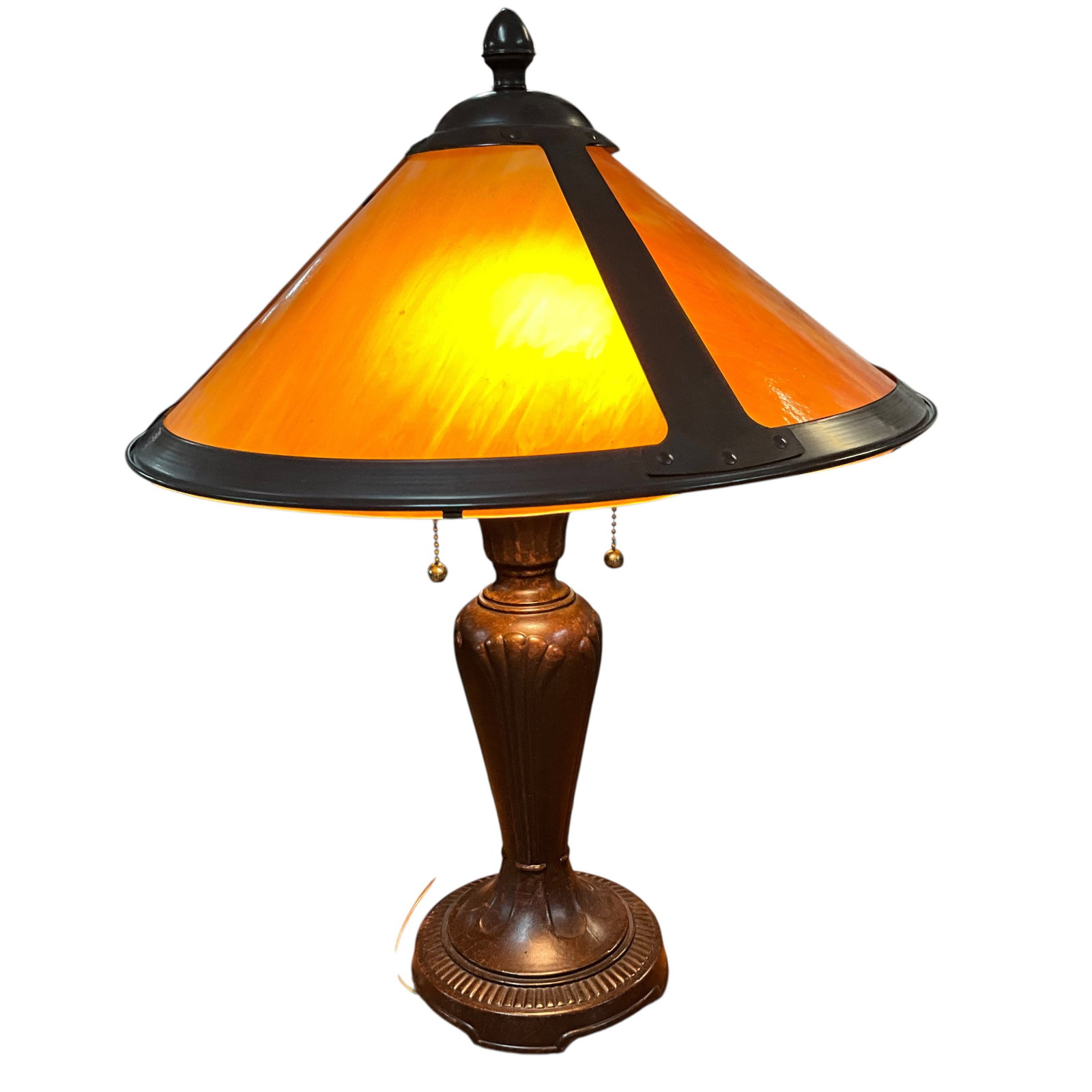 Arts & Crafts Caramel Slag Glass Table Lamp: Bid with confidence, we now offer economical in-house shipping! Just select self-arranged shipping during checkout and we will handle packing and shipping for you.Arts & Crafts style two-light table l