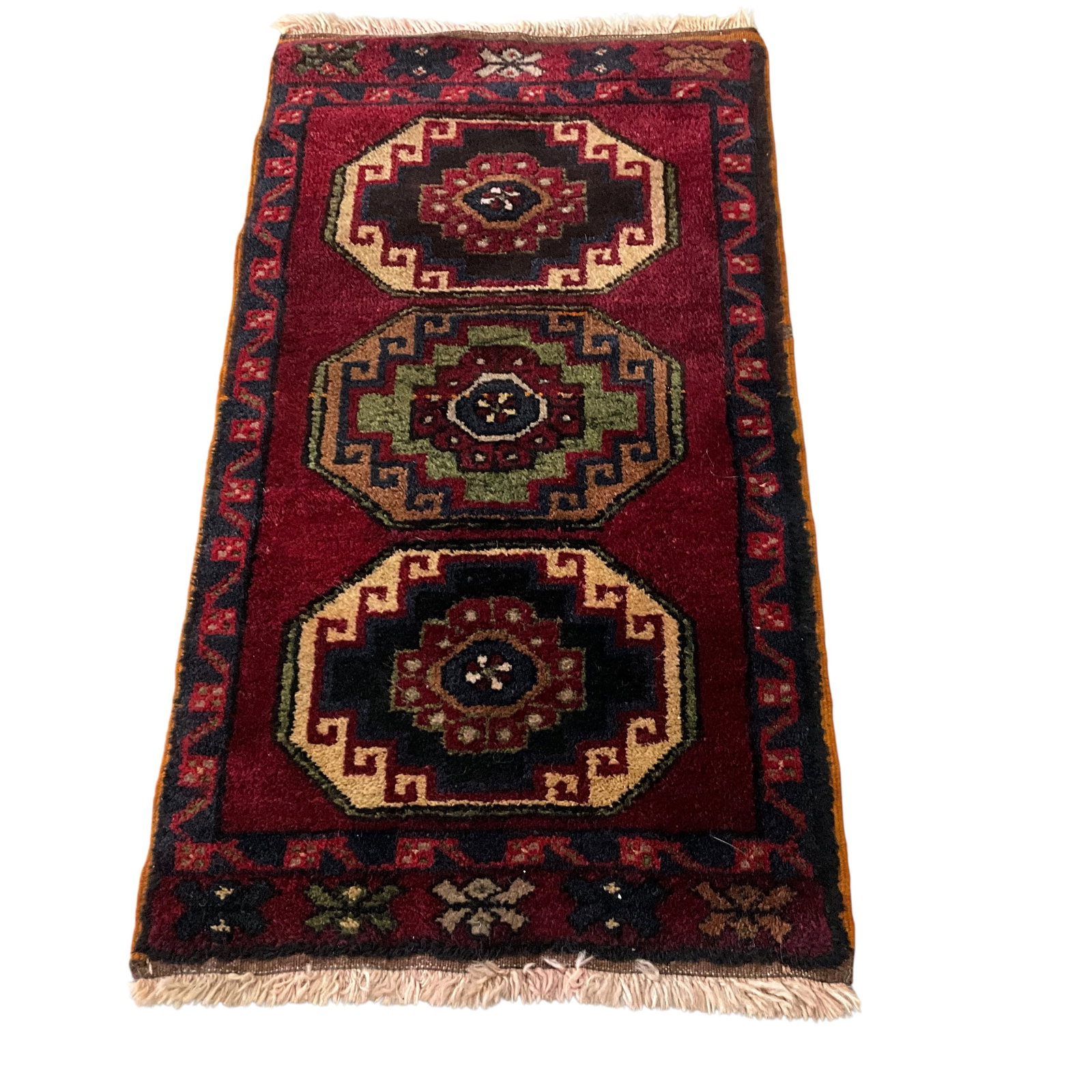 Hand-Knotted Geometric Wool Accent Rug, 40 x 22 in: Bid with confidence, we now offer economical in-house shipping! Just select self-arranged shipping during checkout and we will handle packing and shipping for you.Hand-knotted geometric Turkish wool a