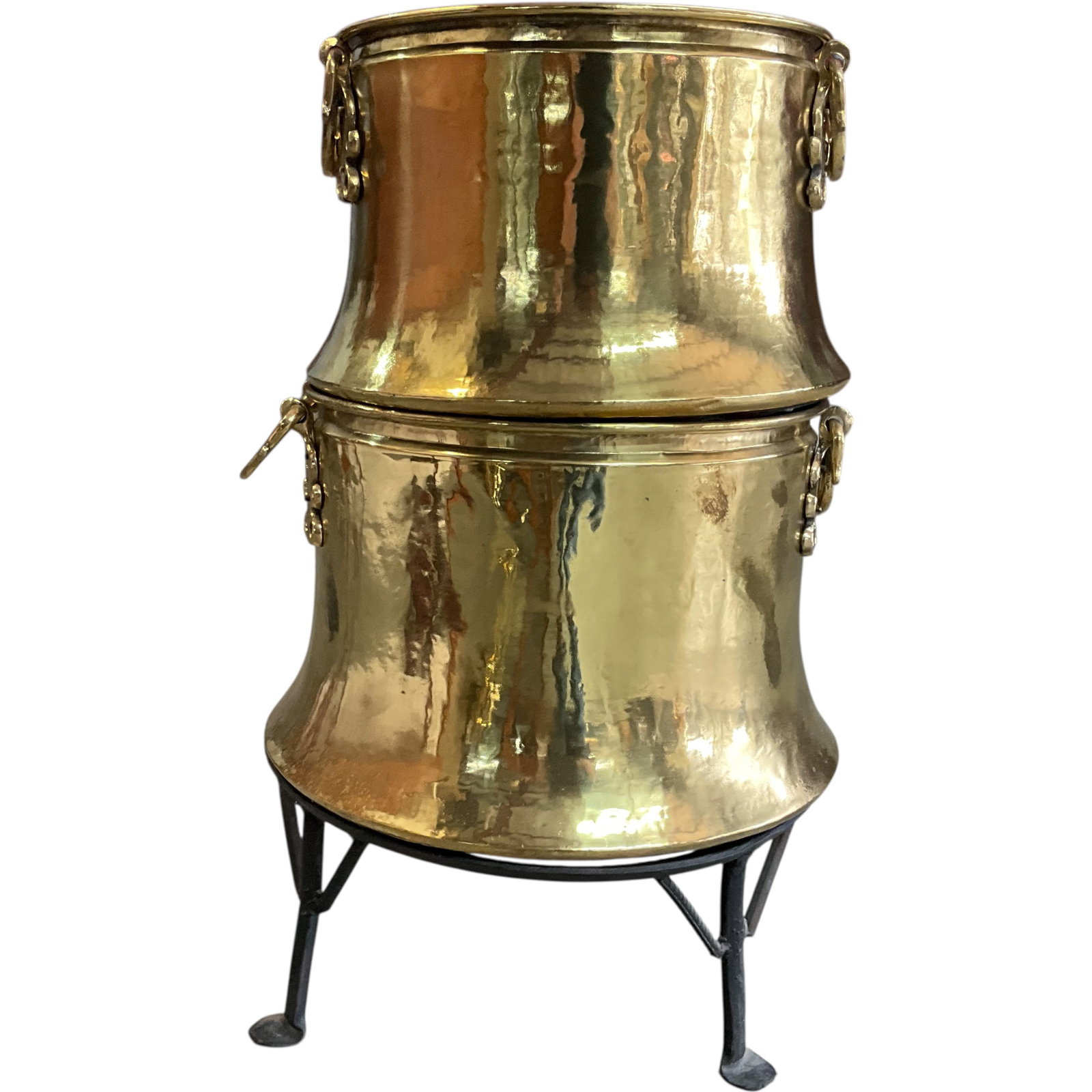 Stacked Brass Double Basin on Three-Leg Iron Stand: Bid with confidence, we now offer economical in-house shipping! Just select self-arranged shipping during checkout and we will handle packing and shipping for you.A substantial brass double cachepot