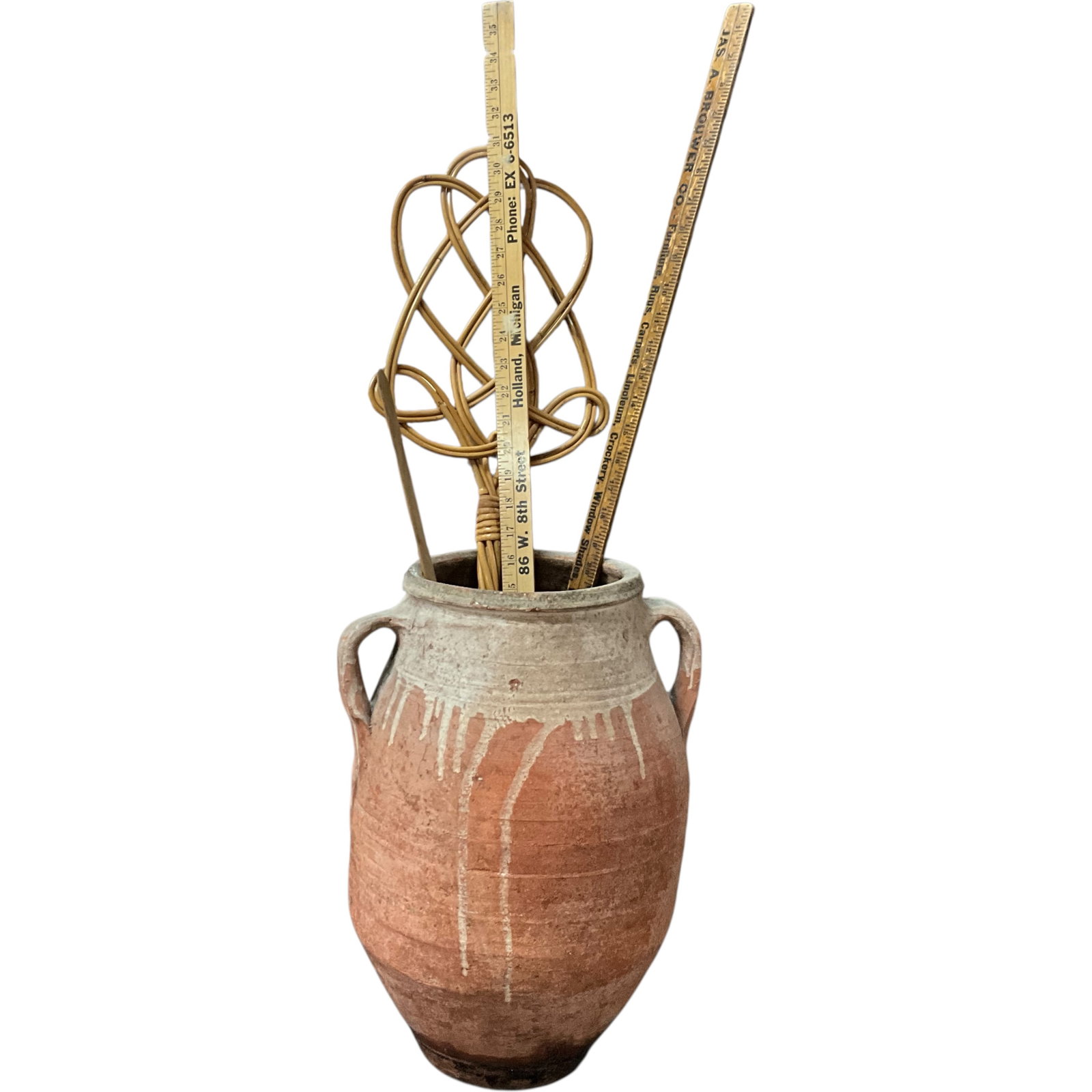 Terracotta Amphora Jar, Rug Beater & 2 Rulers: Bid with confidence, we now offer economical in-house shipping! Just select self-arranged shipping during checkout and we will handle packing and shipping for you.Group of five items: a large,