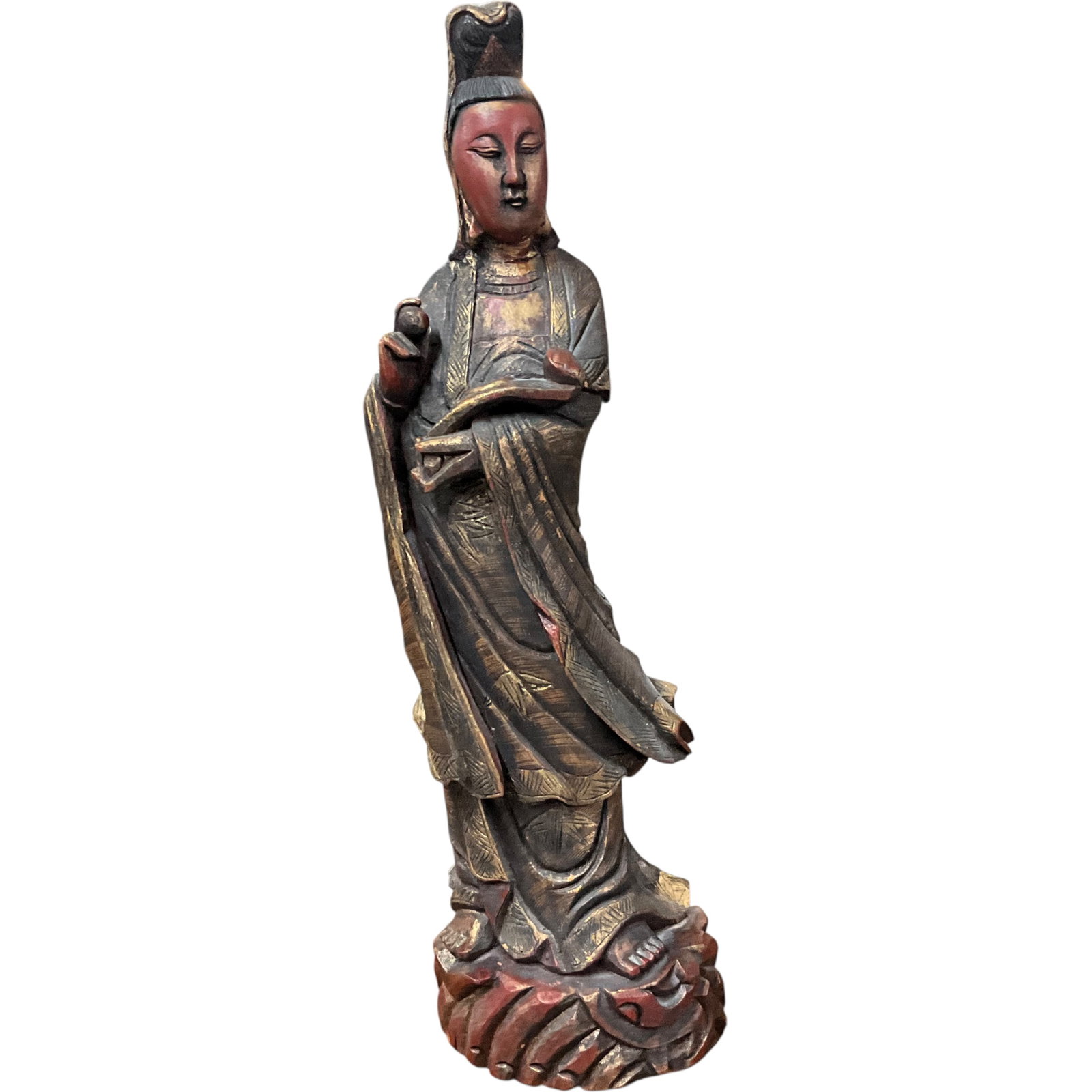 Chinese Carved Wood Guanyin Figure, 31 In.: Bid with confidence, we now offer economical in-house shipping! Just select self-arranged shipping during checkout and we will handle packing and shipping for you.Chinese carved wood figure of