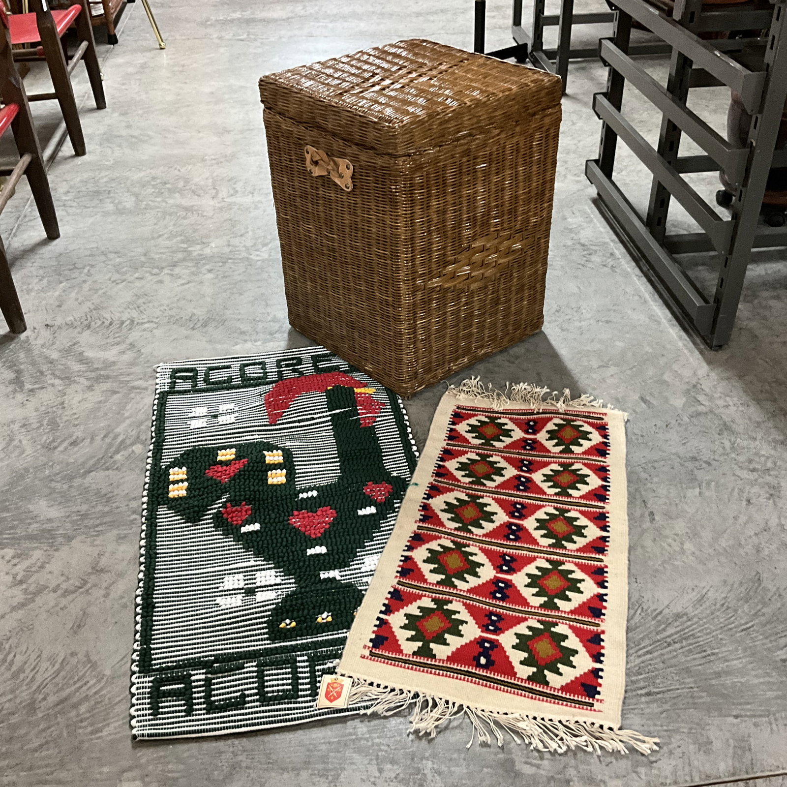 Wicker Hamper with Two European Woven Rugs: Bid with confidence, we now offer economical in-house shipping! Just select self-arranged shipping during checkout and we will handle packing and shipping for you.Three-piece decorative household lot 