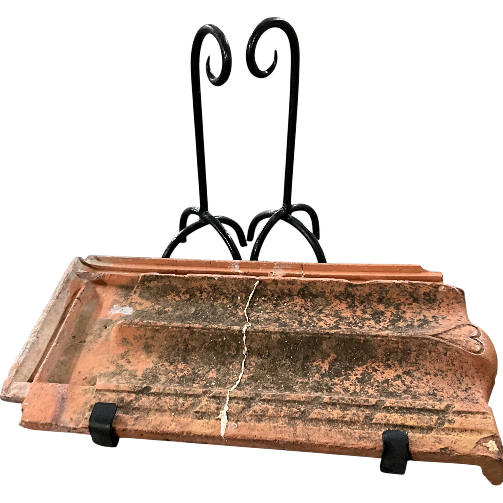 Terracotta Roof Tile with Wrought Iron Stand: Bid with confidence, we now offer economical in-house shipping! Just select self-arranged shipping during checkout and we will handle packing and shipping for you.Terracotta architectural roof tile