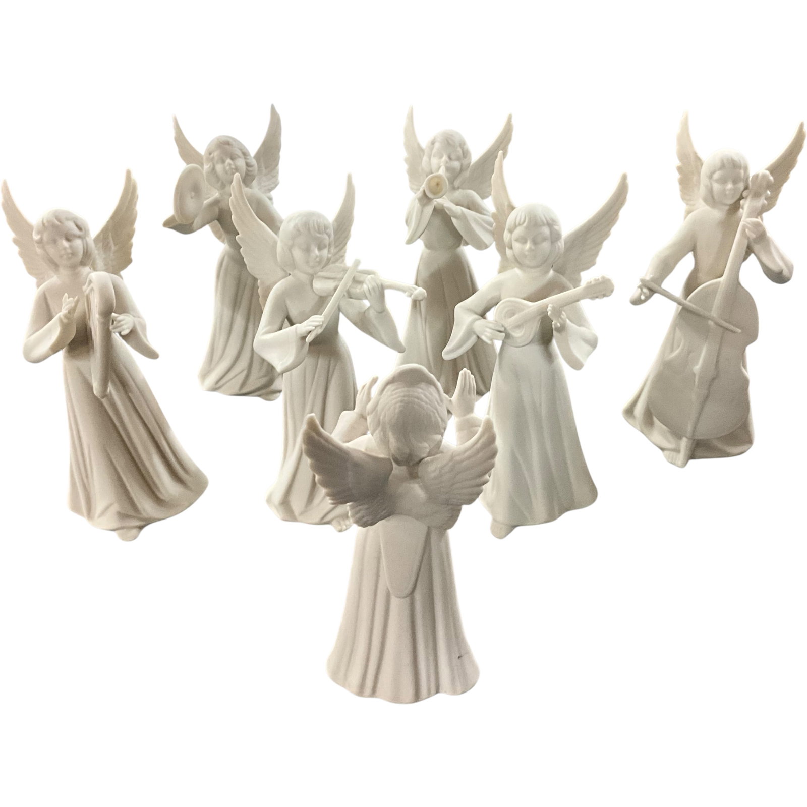 Set of 12 White Bisque Porcelain Angel Musicians: Bid with confidence, we now offer economical in-house shipping! Just select self-arranged shipping during checkout and we will handle packing and shipping for you.A group of 12 white bisque-style porc