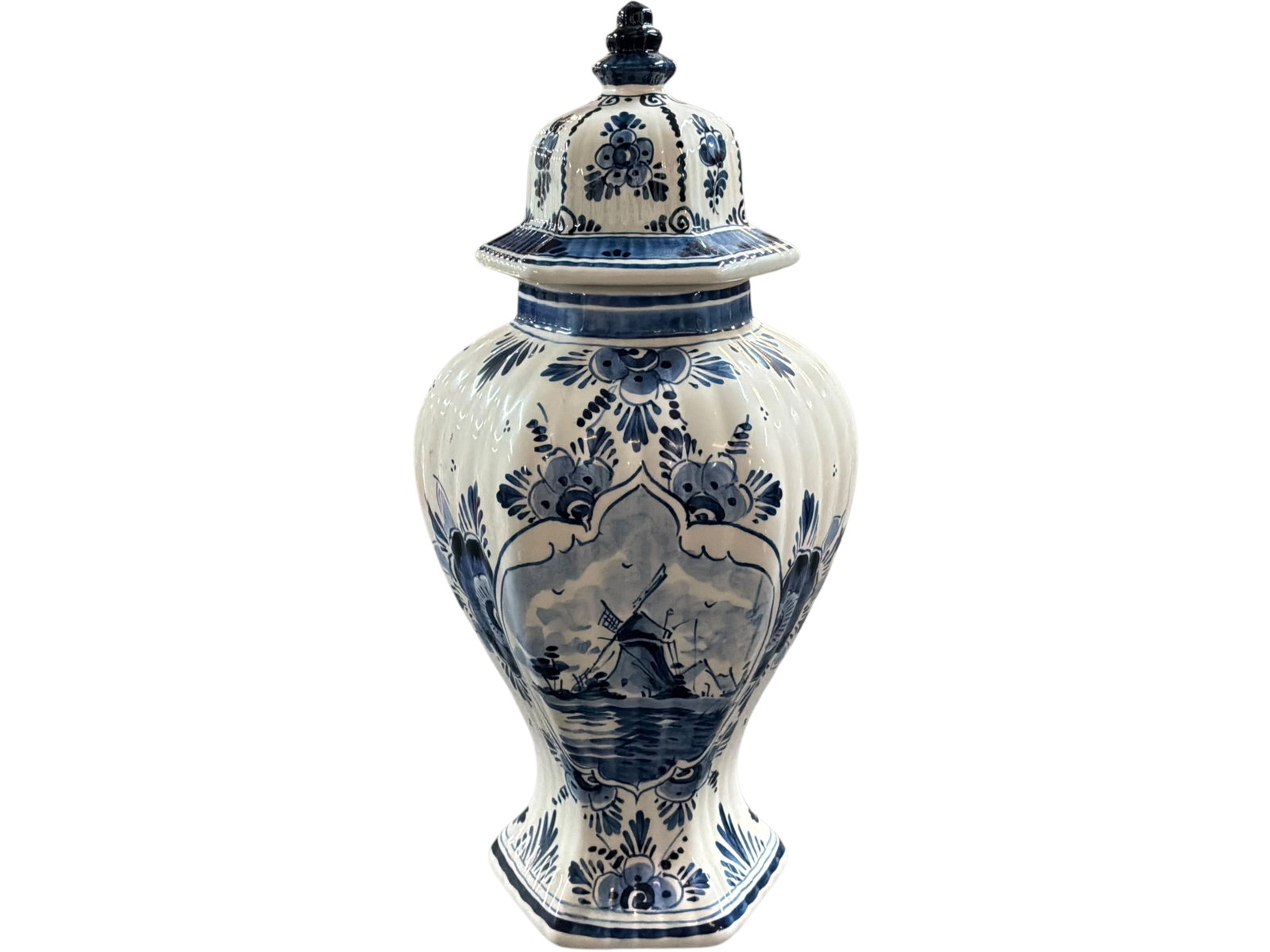 Delft Holland Blue and White Covered Urn: Bid with confidence, we now offer economical in-house shipping! Just select self-arranged shipping during checkout and we will handle packing and shipping for you.A blue-and-white Delft Holland hand-p
