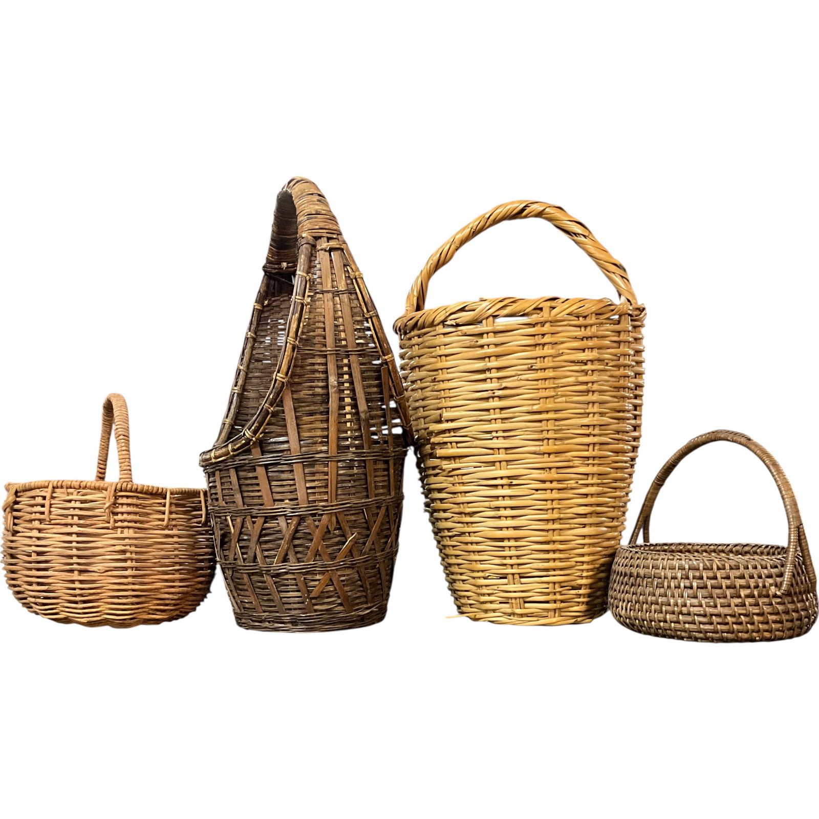 Four Assorted Handwoven Wicker Baskets: Bid with confidence, we now offer economical in-house shipping! Just select self-arranged shipping during checkout and we will handle packing and shipping for you.A group of four assorted handwoven wi