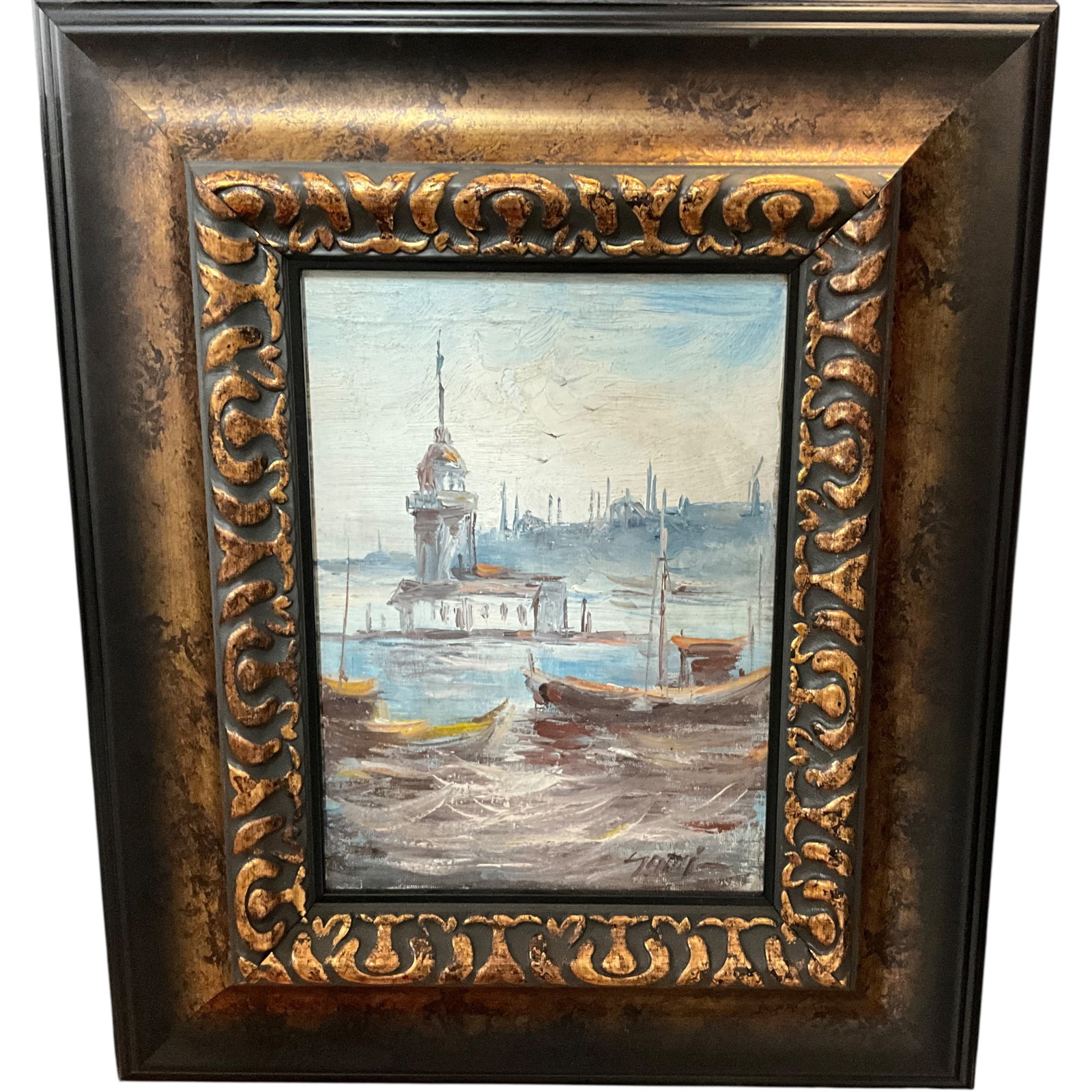 Impressionist Harbor Scene Oil Painting: Bid with confidence, we now offer economical in-house shipping! Just select self-arranged shipping during checkout and we will handle packing and shipping for you.Framed impressionist-style harbor sce