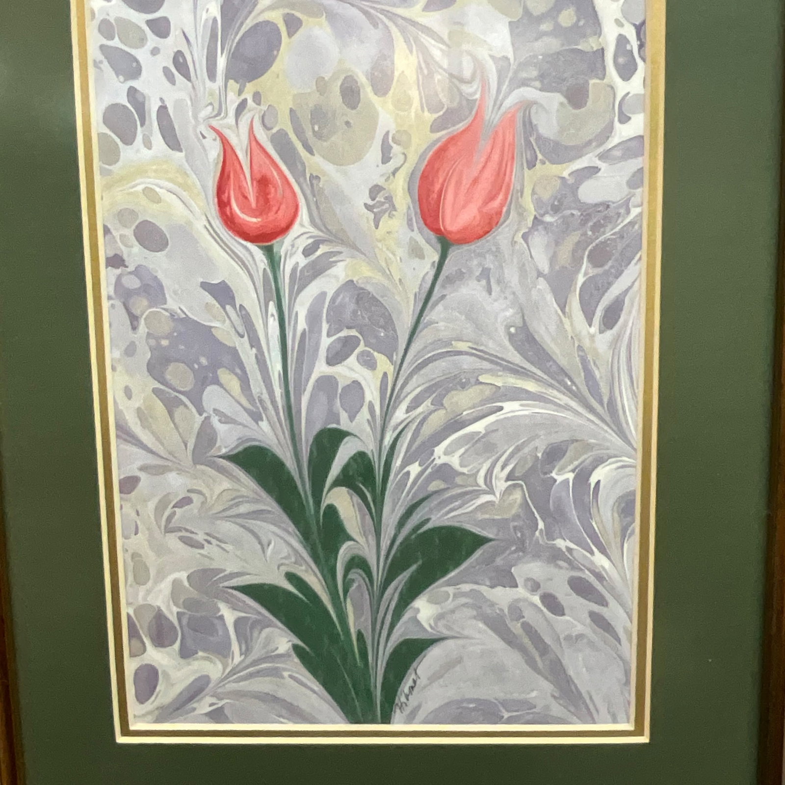 Signed Marbled Paper Tulip Artwork - 2