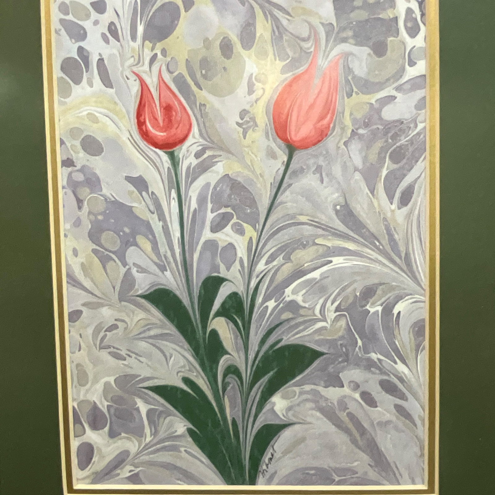 Signed Marbled Paper Tulip Artwork - 3