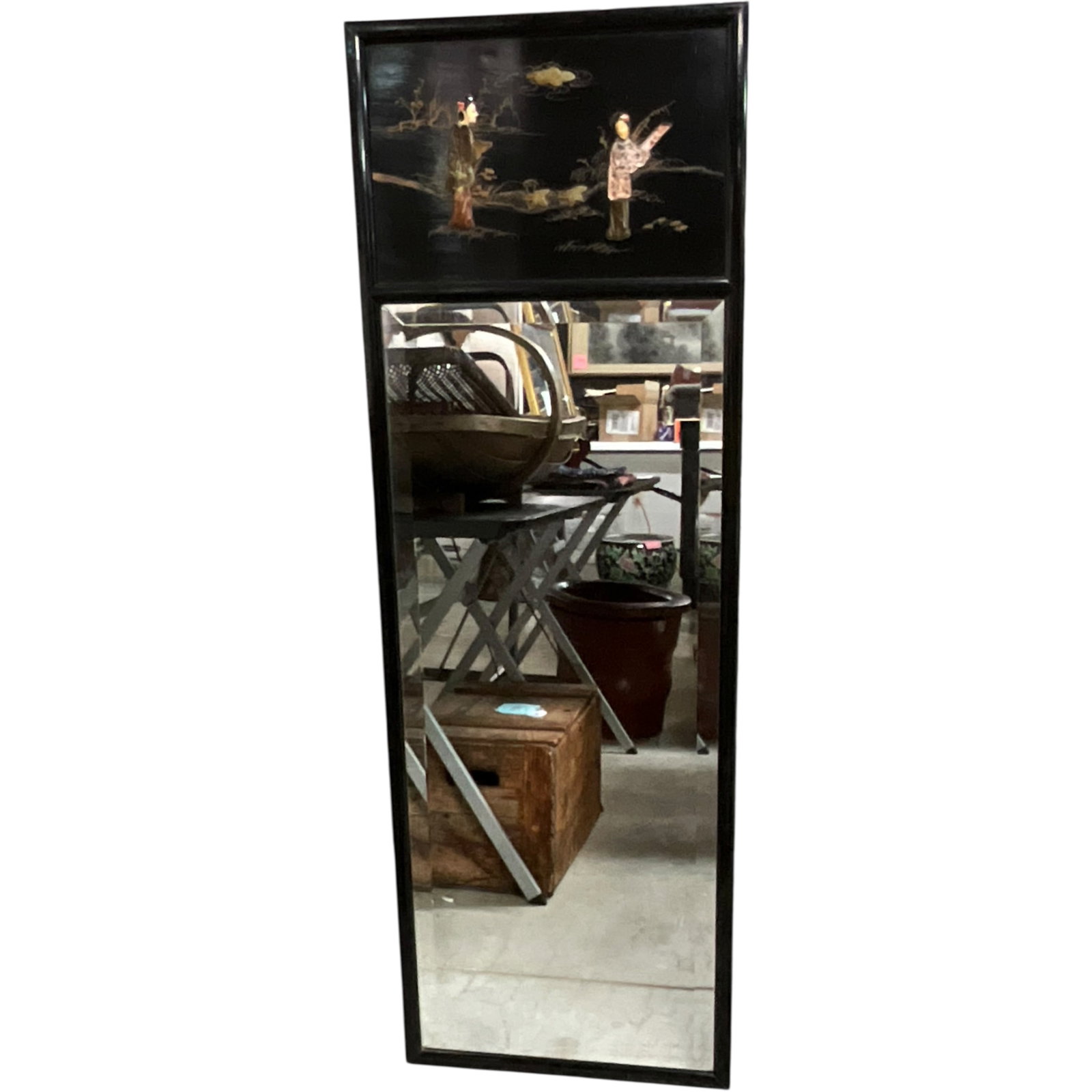 Asian Style Black Lacquer Pier Mirror: Bid with confidence, we now offer economical in-house shipping! Just select self-arranged shipping during checkout and we will handle packing and shipping for you.Tall black lacquered wood pier mirror