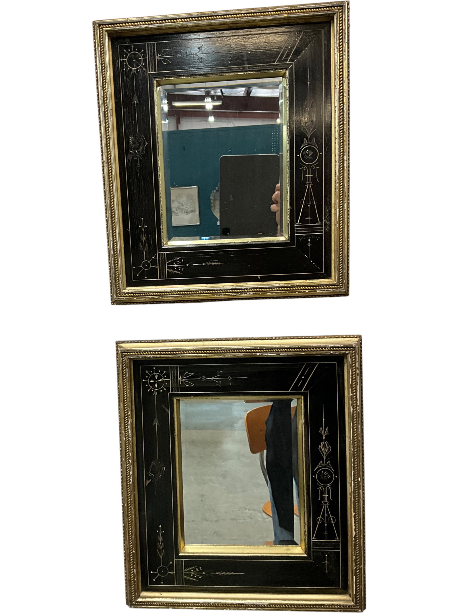 Pair Mid-Century Black & Gilt Framed Mirrors: Bid with confidence, we now offer economical in-house shipping! Just select self-arranged shipping during checkout and we will handle packing and shipping for you.Pair of matching early-century wall m