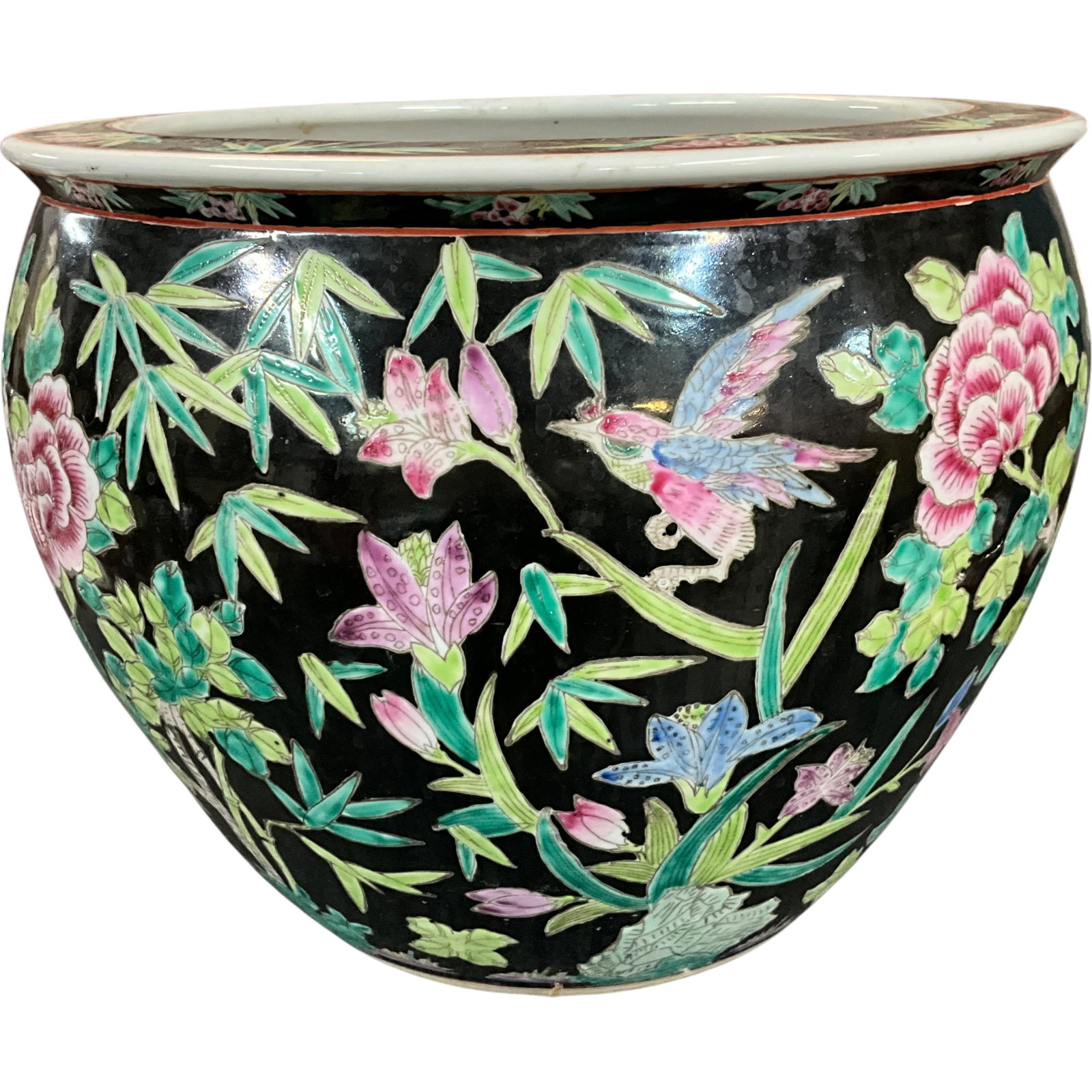 Chinese Black Ground Porcelain Fish Bowl Planter: Bid with confidence, we now offer economical in-house shipping! Just select self-arranged shipping during checkout and we will handle packing and shipping for you.Large Chinese-style porcelain fish