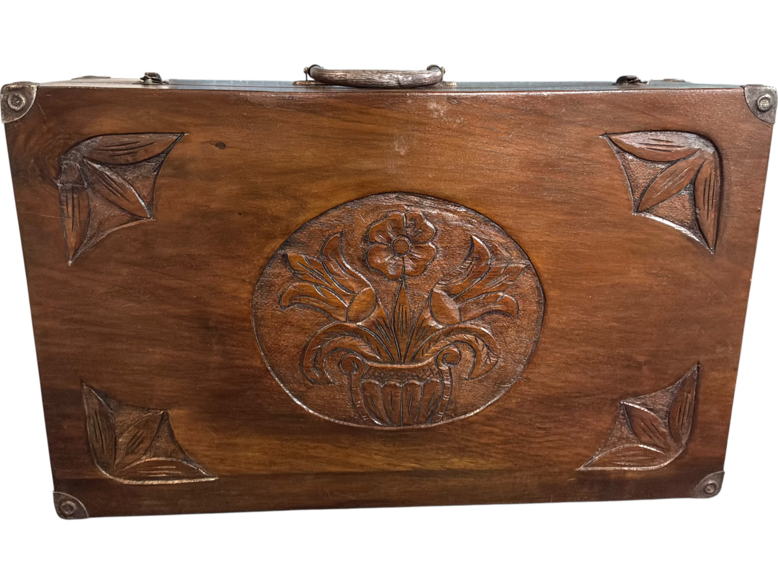 Carved Wood Floral Folk Art Travel Trunk: Bid with confidence, we now offer economical in-house shipping! Just select self-arranged shipping during checkout and we will handle packing and shipping for you.Carved wood folk art travel trunk or 