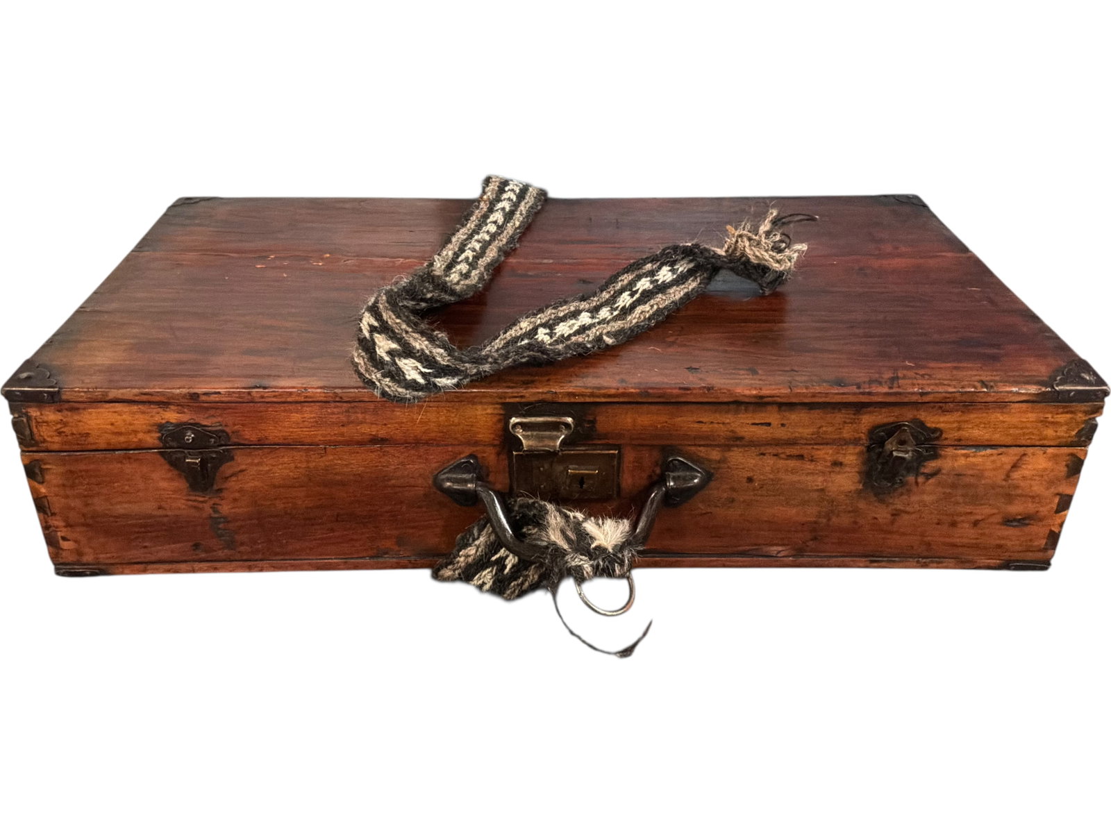 Wood Folk Art Travel Trunk With Woven Strap: Bid with confidence, we now offer economical in-house shipping! Just select self-arranged shipping during checkout and we will handle packing and shipping for you.Wood folk art travel trunk or suitcas